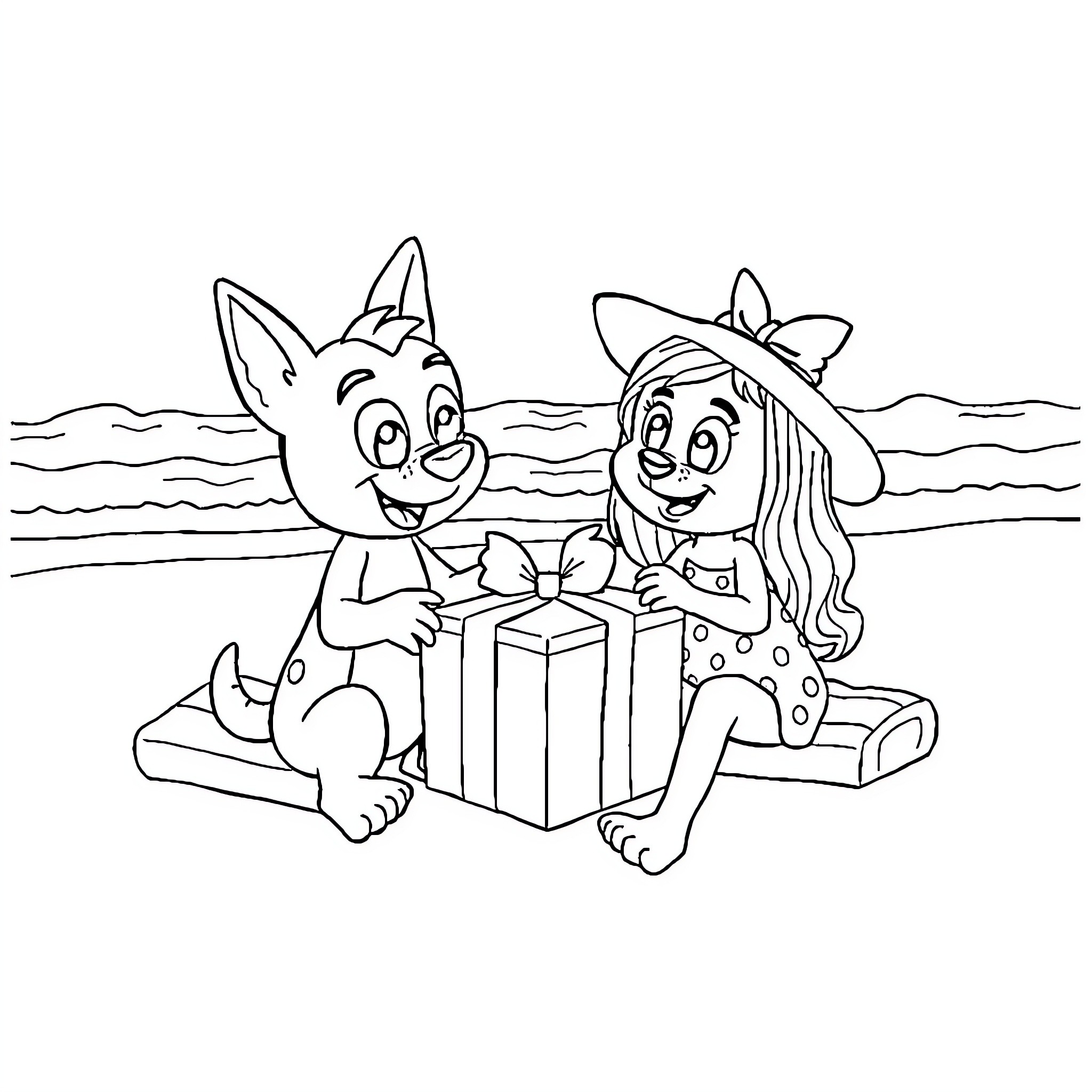 Bluey and Bingo enjoying a gift by the ocean Coloring Page (free black-and-white line drawing printable PDF for all, from beginners to advanced learners, including children, teens, adults, and seniors)