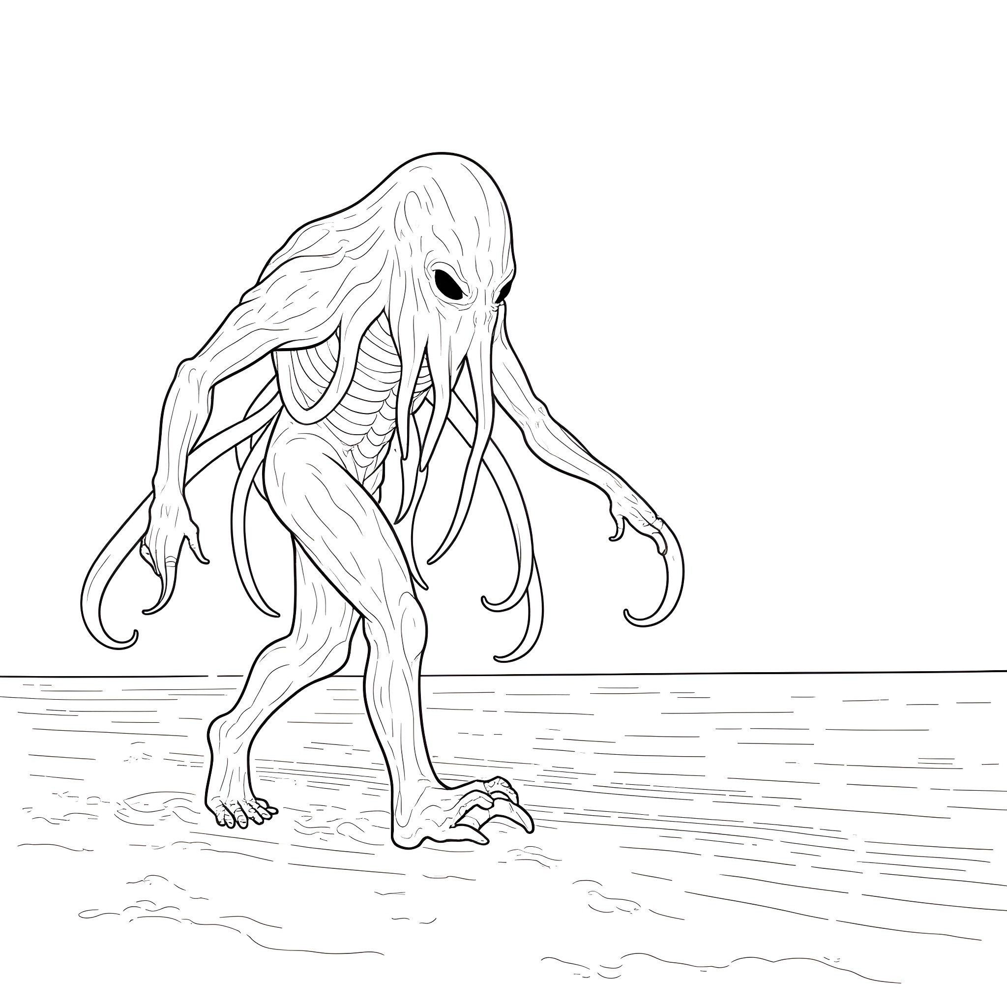 Cthulhu's Haunting Presence Coloring Page (free black-and-white line drawing printable PDF for all, from beginners to advanced learners, including children, teens, adults, and seniors)