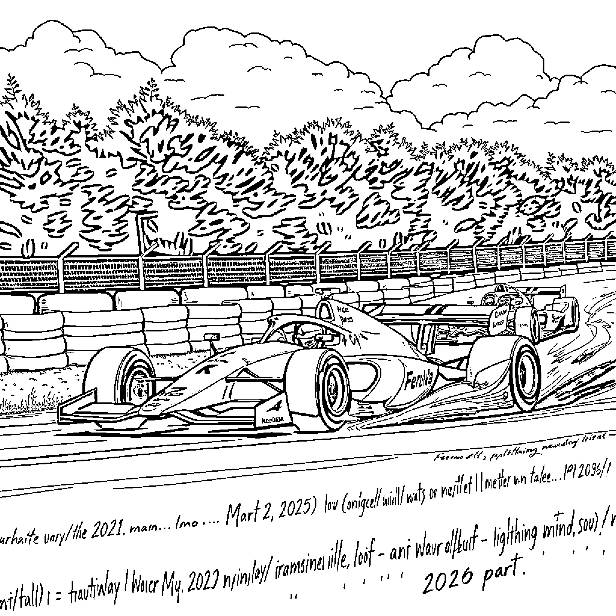 Formula 1 Race Car in Action on Track Coloring Page (free black-and-white line drawing printable PDF for all, from beginners to advanced learners, including children, teens, adults, and seniors)