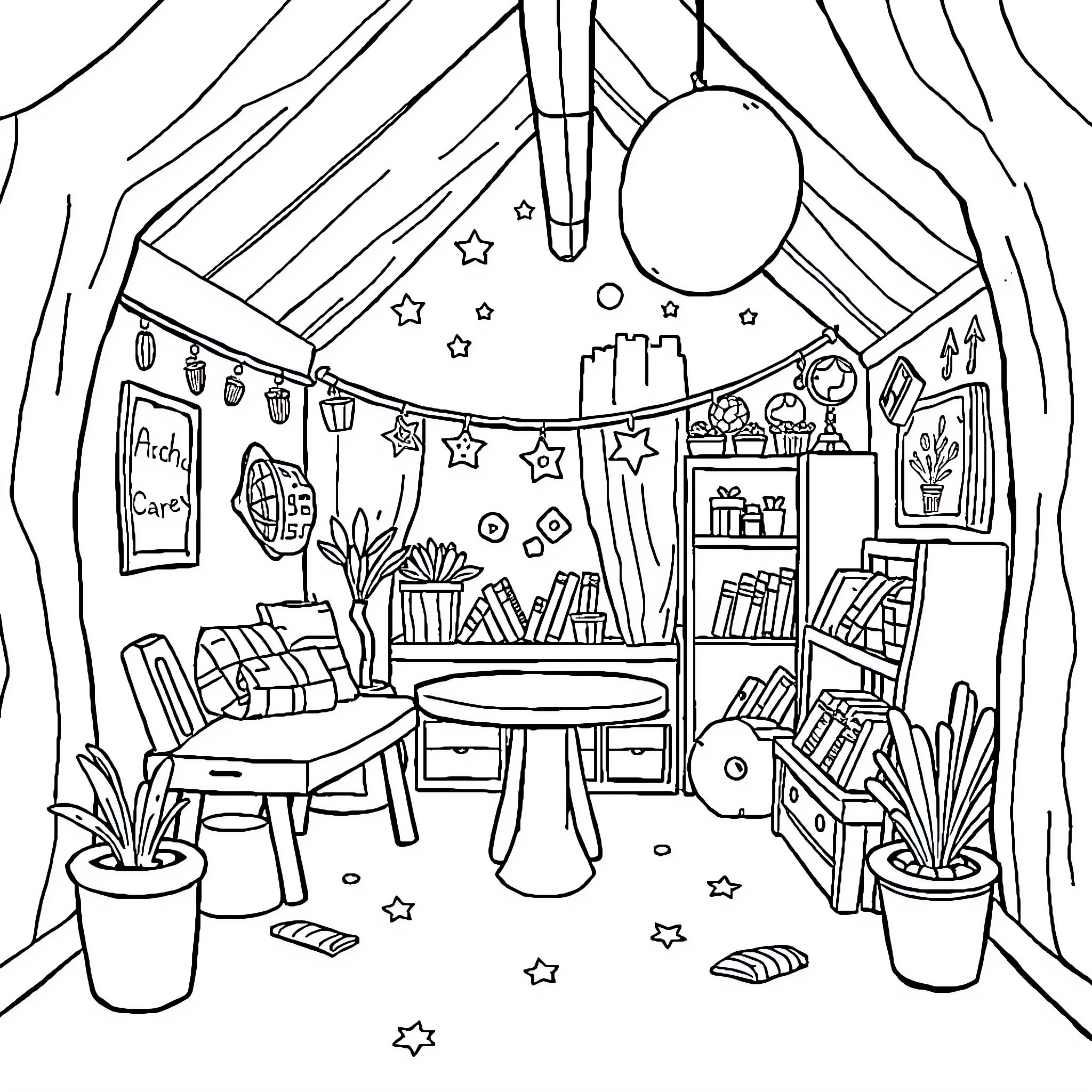 Children's Cozy Imagination in a Whimsical Room Coloring Page (free black-and-white line drawing printable PDF for all, from beginners to advanced learners, including children, teens, adults, and seniors)