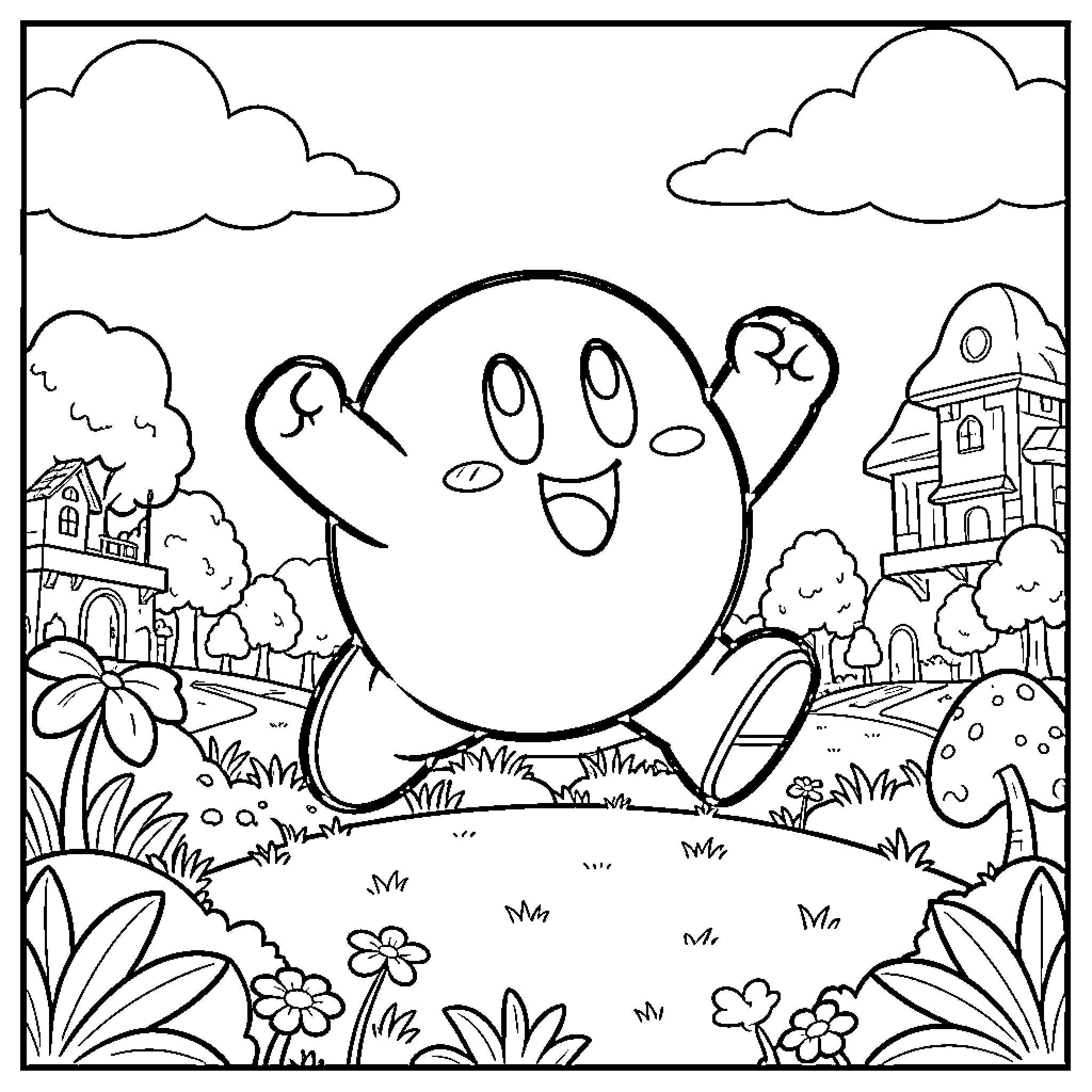 Kirby exploring a whimsical landscape Coloring Page (free black-and-white line drawing printable PDF for all, from beginners to advanced learners, including children, teens, adults, and seniors)