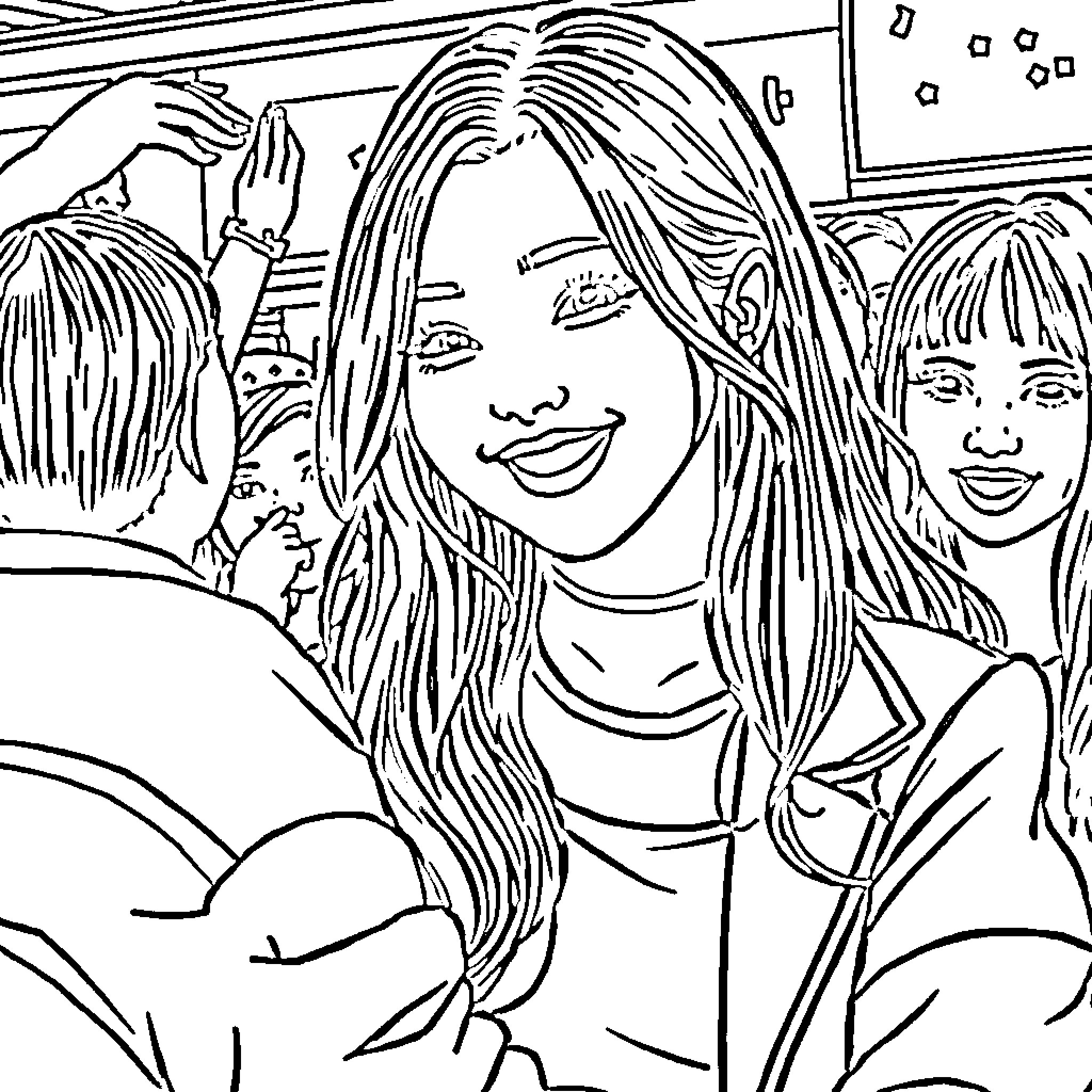 Zoey and her friends in the crowd Coloring Page (free black-and-white line drawing printable PDF for all, from beginners to advanced learners, including children, teens, adults, and seniors)