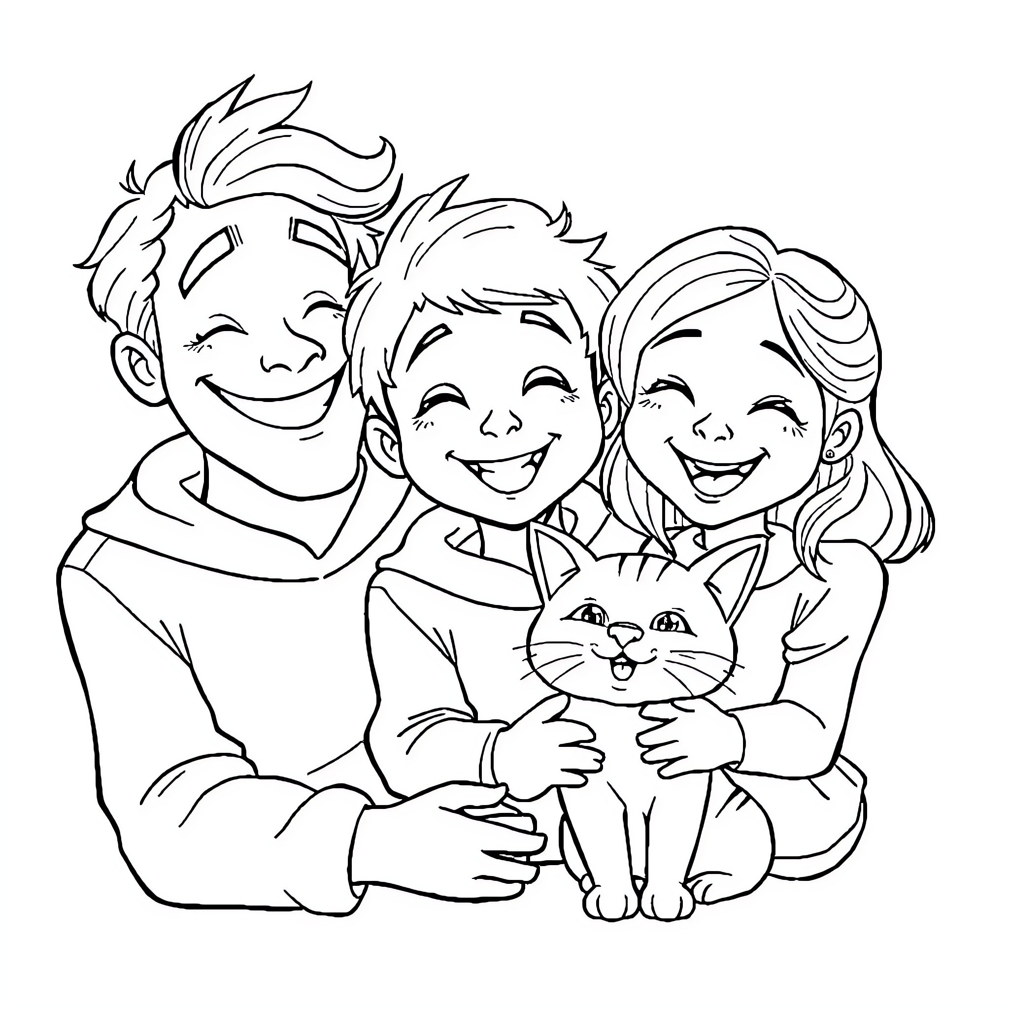 Child's Happy Family with Pet Coloring Page (free black-and-white line drawing printable PDF for all, from beginners to advanced learners, including children, teens, adults, and seniors)