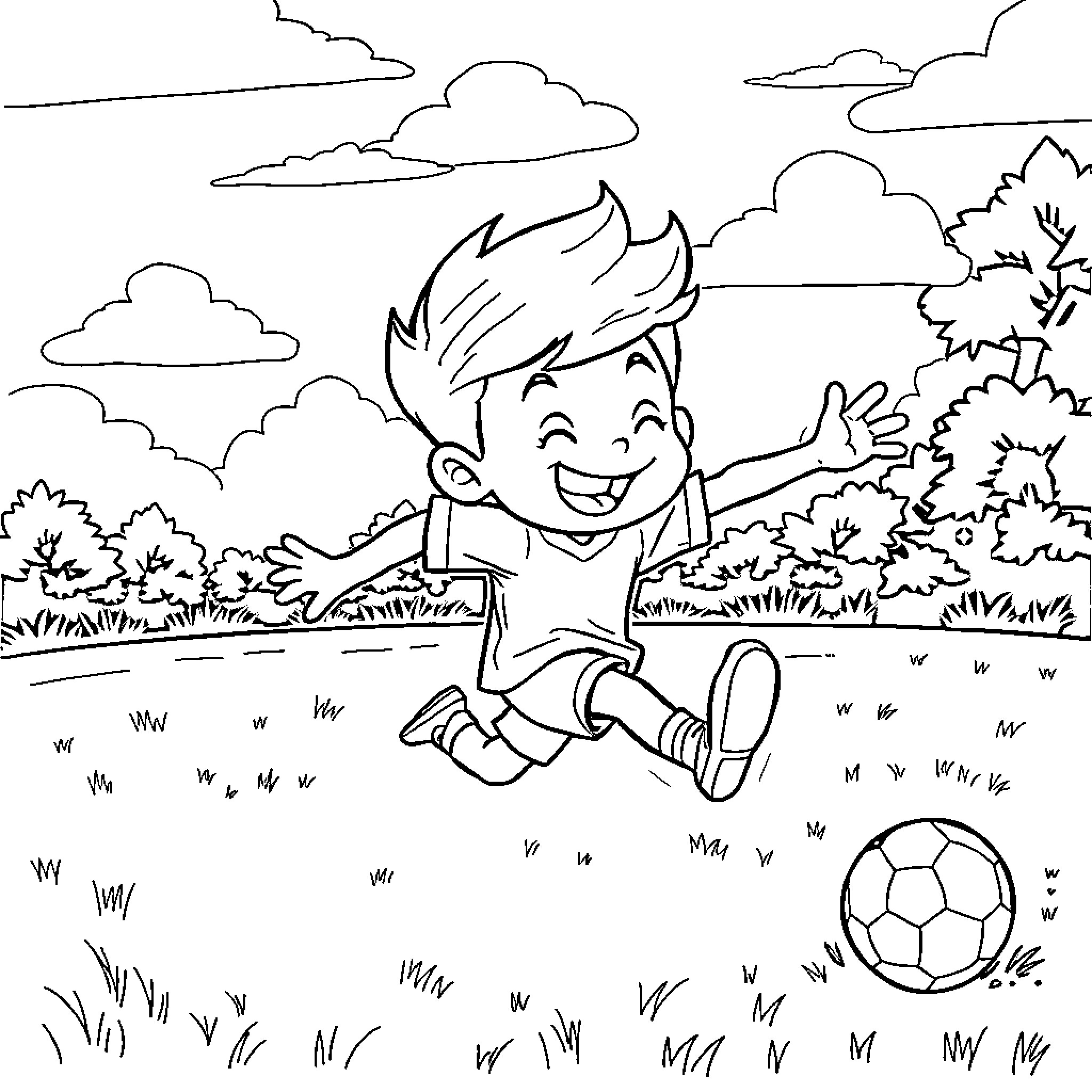 Kidfiury playing joyfully with soccer ball in grassy field Coloring Page (free black-and-white line drawing printable PDF for all, from beginners to advanced learners, including children, teens, adults, and seniors)