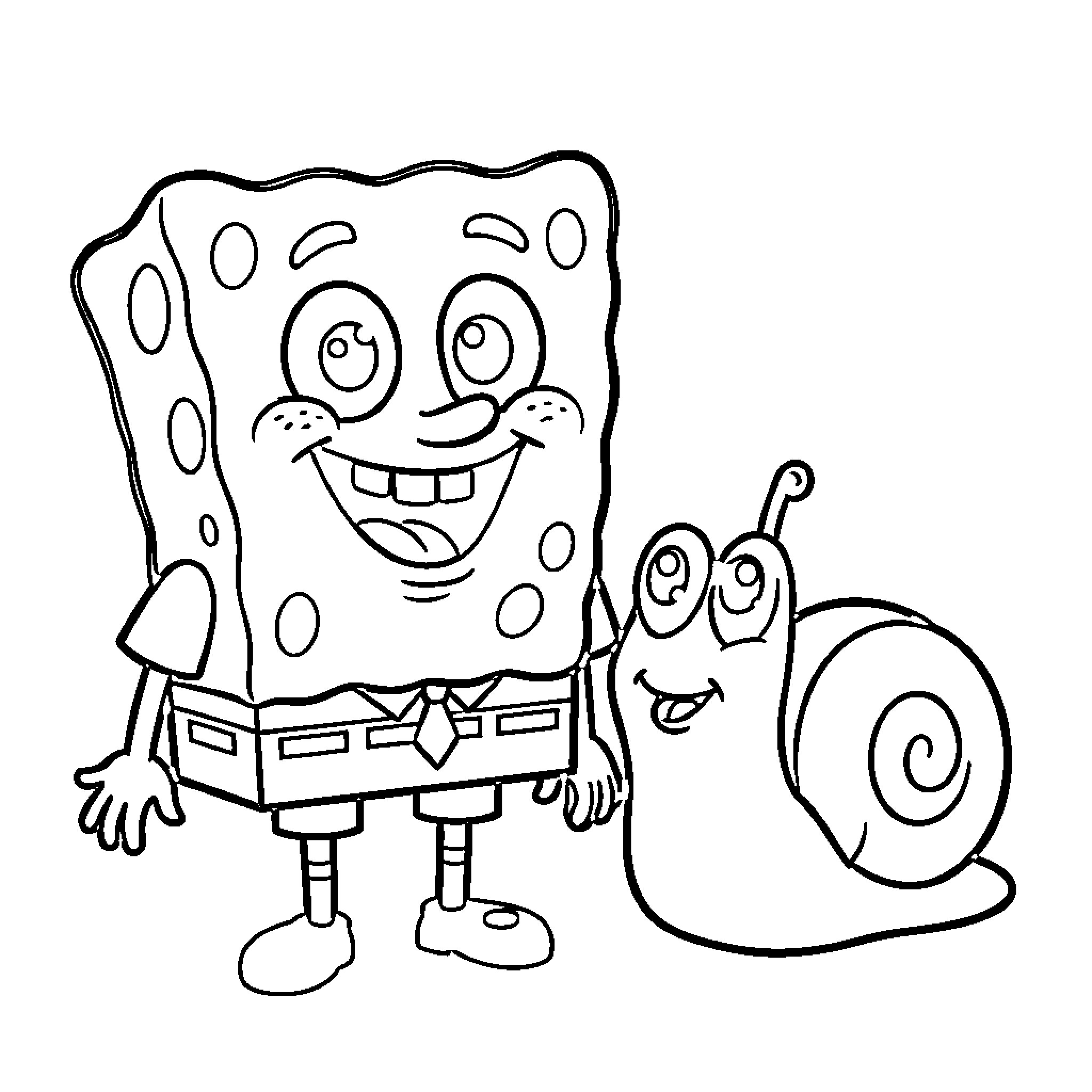 Bob l'éponge smiling joyfully with a friendly snail Coloring Page (free black-and-white line drawing printable PDF for all, from beginners to advanced learners, including children, teens, adults, and seniors)
