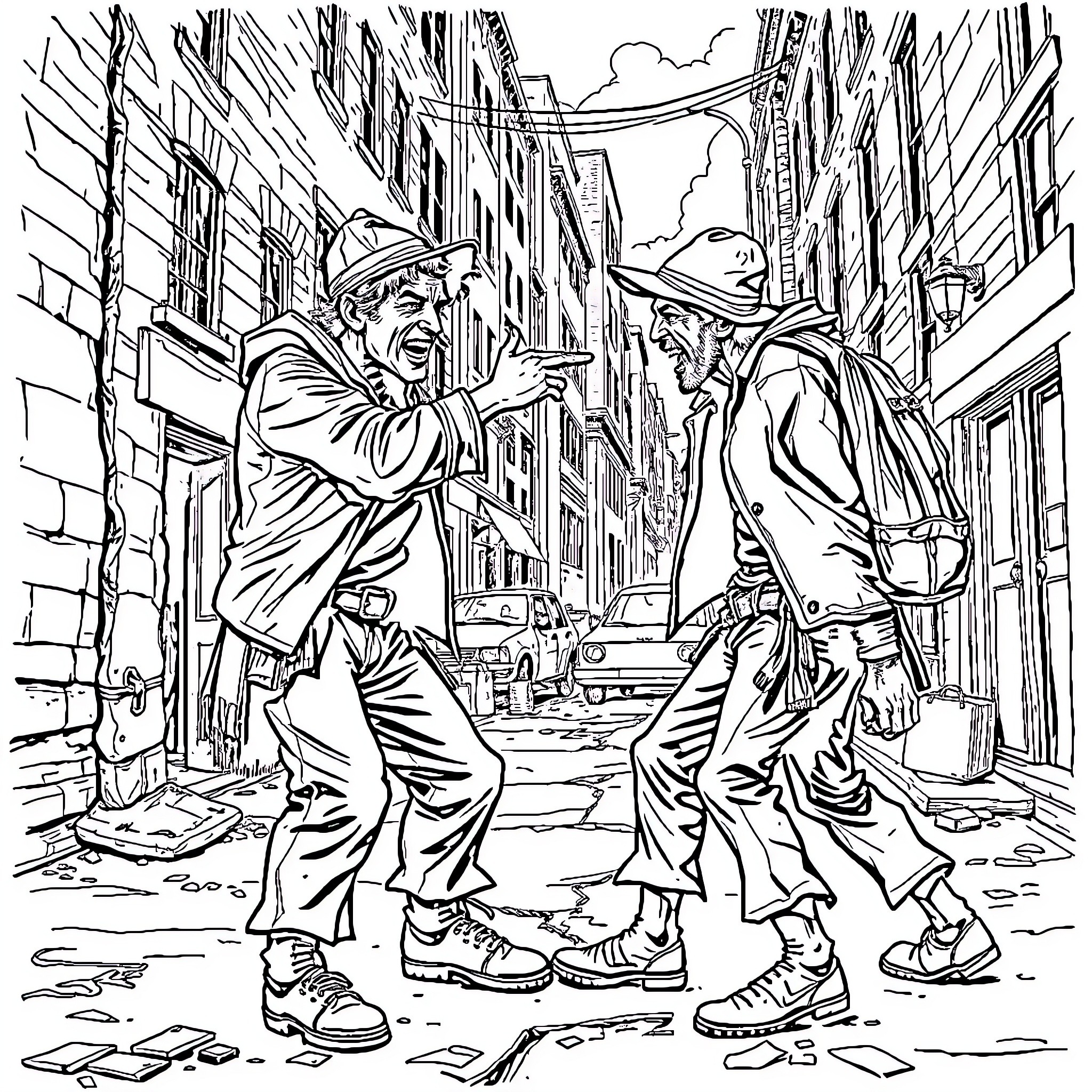 Hobo friends confronting each other on the street Coloring Page (free black-and-white line drawing printable PDF for all, from beginners to advanced learners, including children, teens, adults, and seniors)