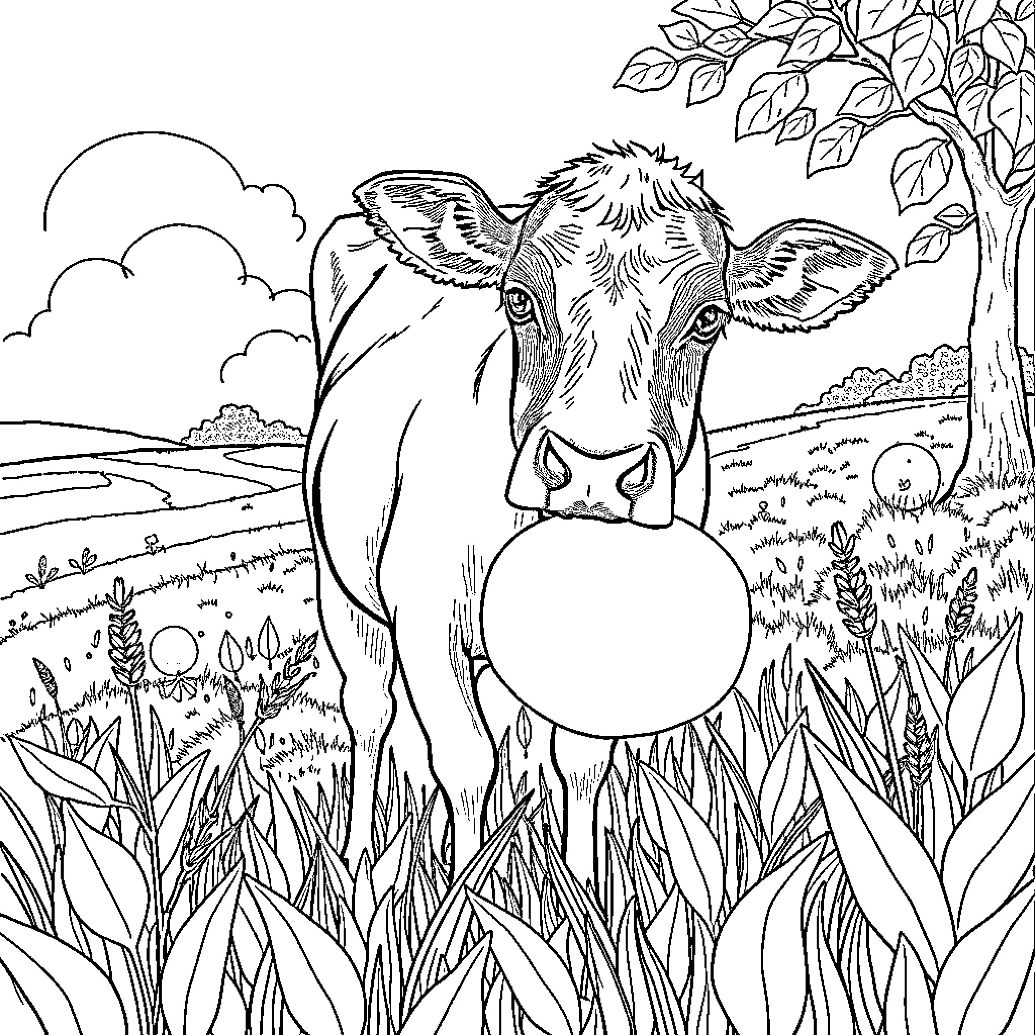 Vache grazing peacefully in a serene countryside scene Coloring Page (free black-and-white line drawing printable PDF for all, from beginners to advanced learners, including children, teens, adults, and seniors)