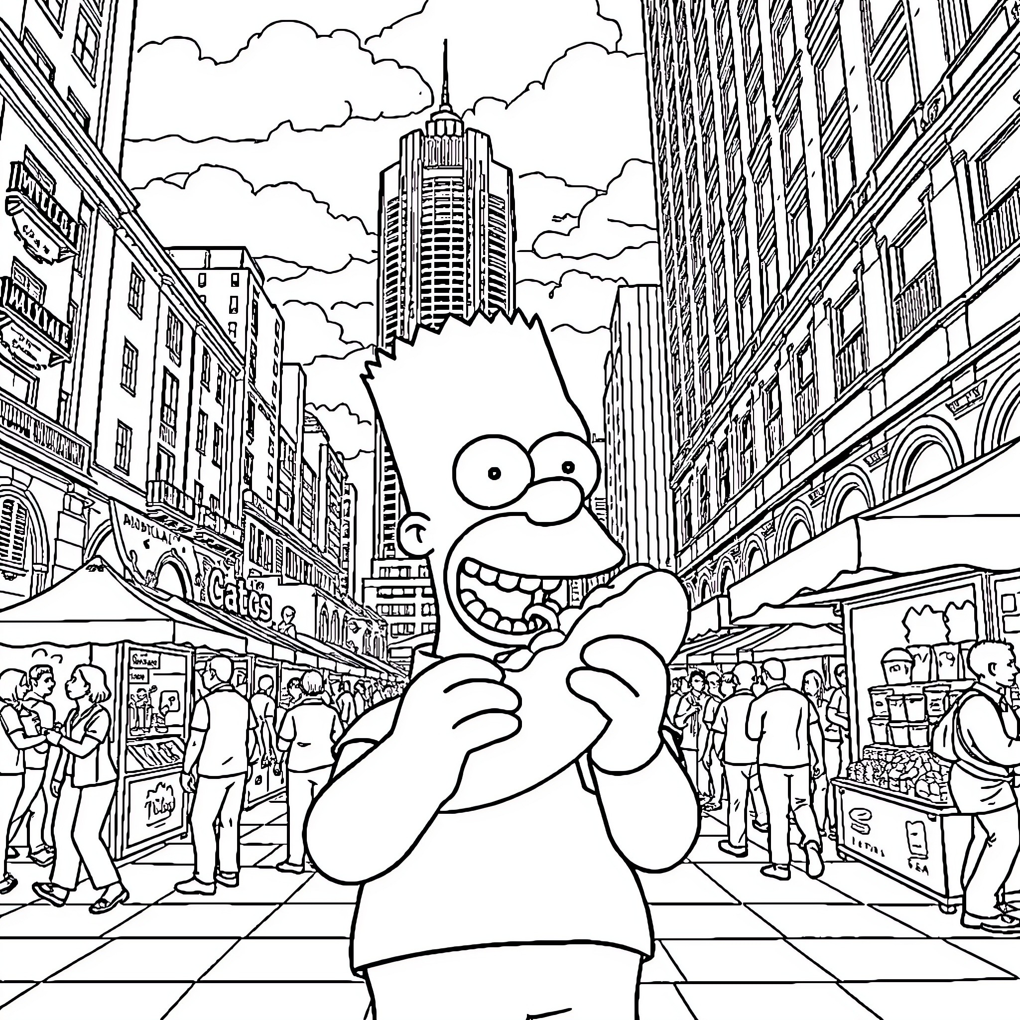 Bart navigates the bustling city streets Coloring Page (free black-and-white line drawing printable PDF for all, from beginners to advanced learners, including children, teens, adults, and seniors)