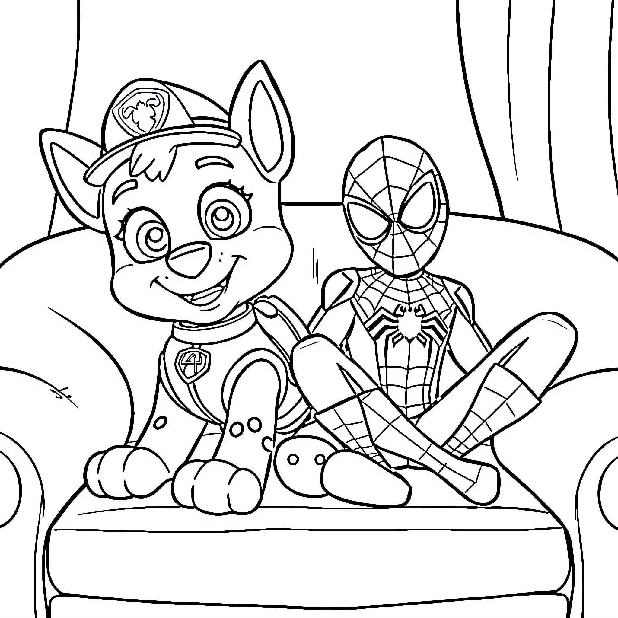 Shaze Puppy and Superhero's Playful Adventure Coloring Page (free black-and-white line drawing printable PDF for all, from beginners to advanced learners, including children, teens, adults, and seniors)