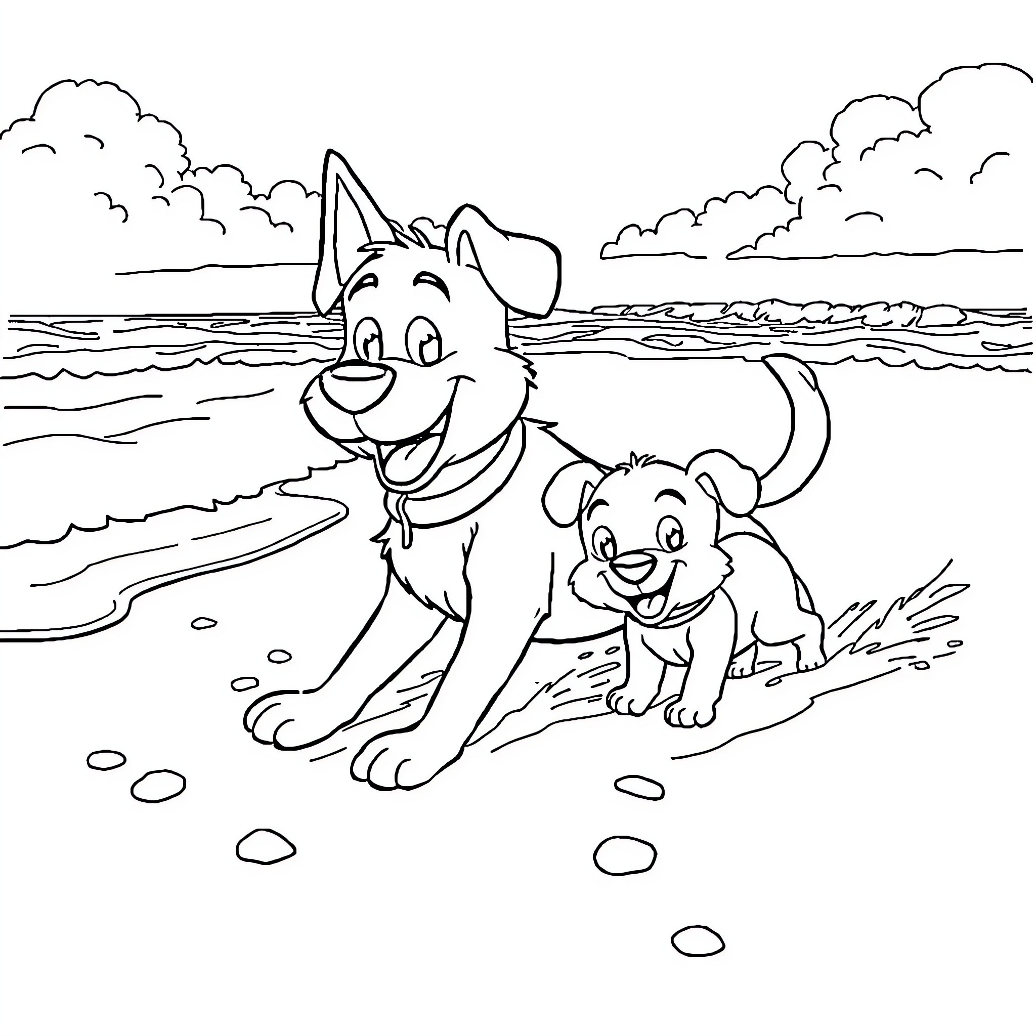 Bluey and Bingo Playing at the Beach Coloring Page (free black-and-white line drawing printable PDF for all, from beginners to advanced learners, including children, teens, adults, and seniors)