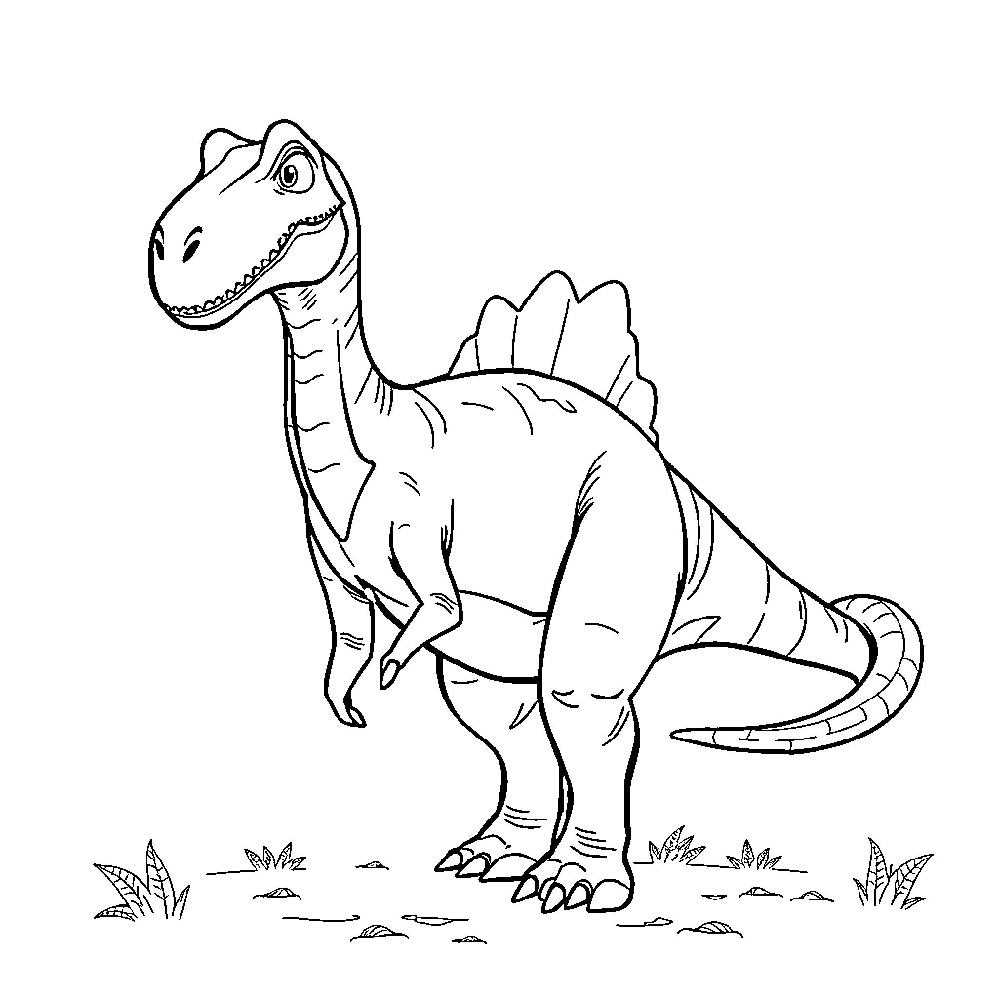Dinosaur standing in the natural environment Coloring Page (free black-and-white line drawing printable PDF for all, from beginners to advanced learners, including children, teens, adults, and seniors)
