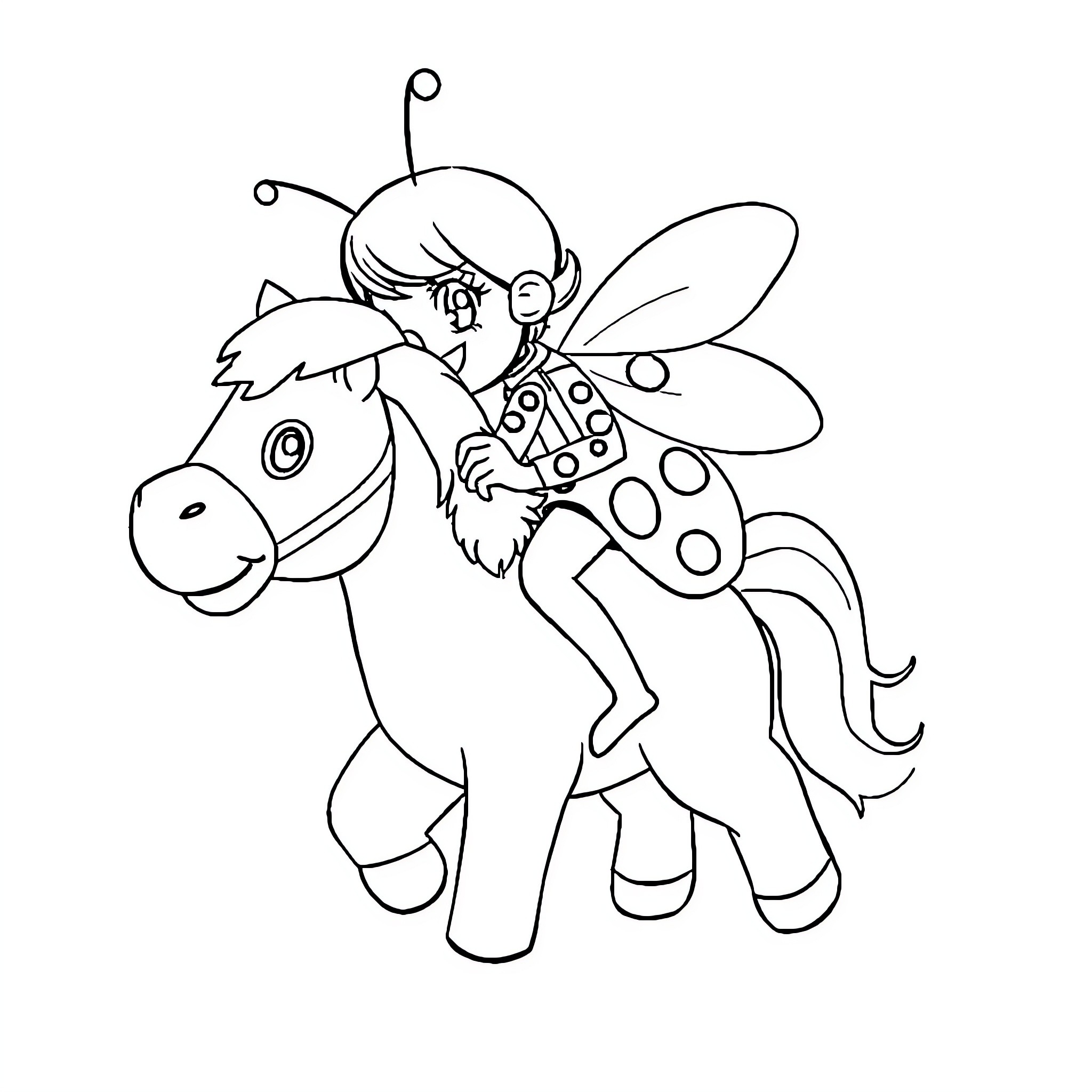 Ladybug riding a fantastical creature Coloring Page (free black-and-white line drawing printable PDF for all, from beginners to advanced learners, including children, teens, adults, and seniors)