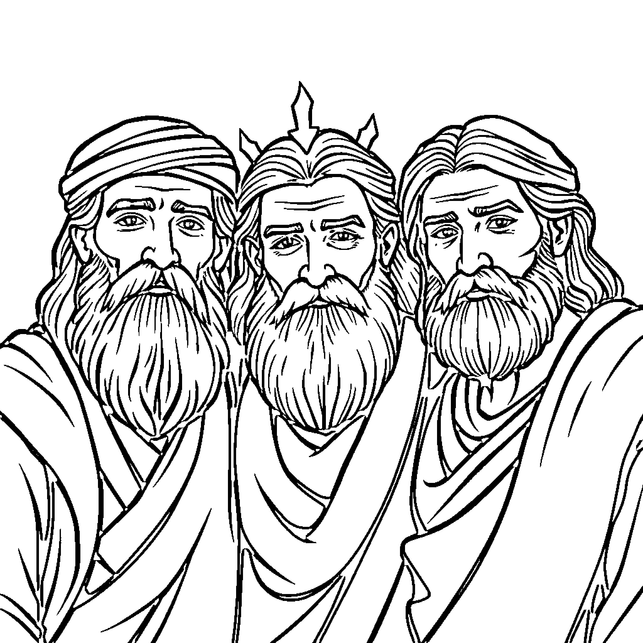 Father and Two Men in Religious Robes Coloring Page (free black-and-white line drawing printable PDF for all, from beginners to advanced learners, including children, teens, adults, and seniors)