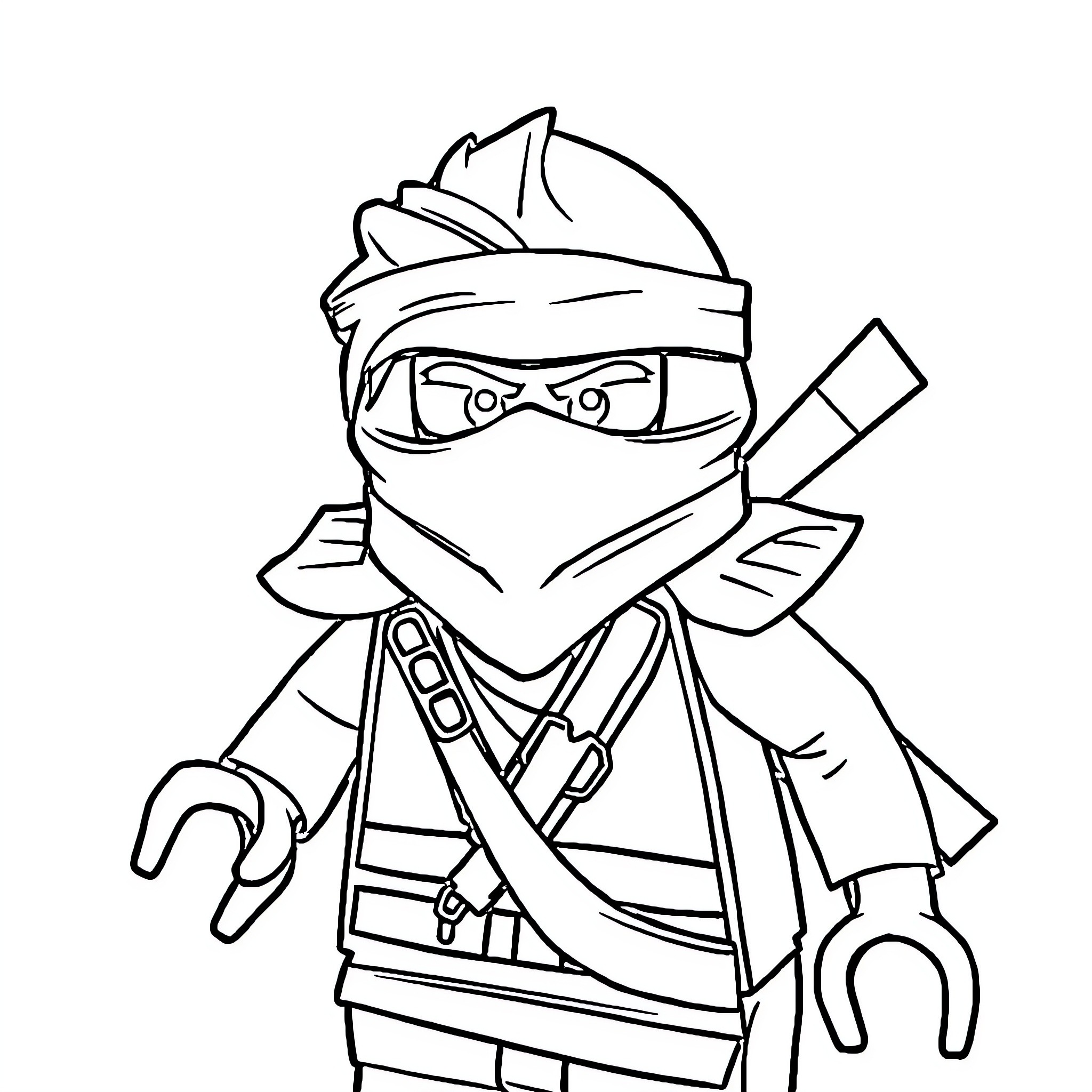 Ninjago warrior with weapons and ninja outfit Coloring Page (free black-and-white line drawing printable PDF for all, from beginners to advanced learners, including children, teens, adults, and seniors)