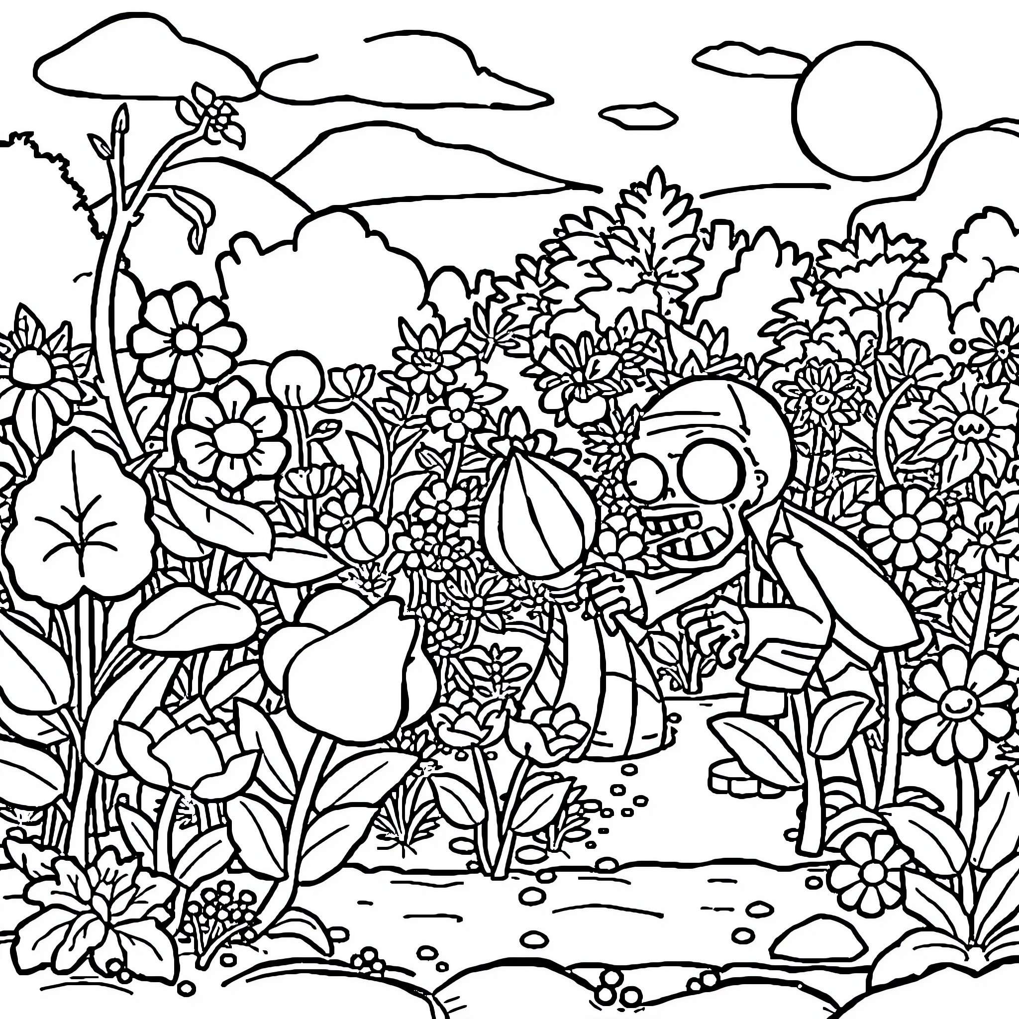 Plant Creatures in a Lush Garden Scene Coloring Page (free black-and-white line drawing printable PDF for all, from beginners to advanced learners, including children, teens, adults, and seniors)