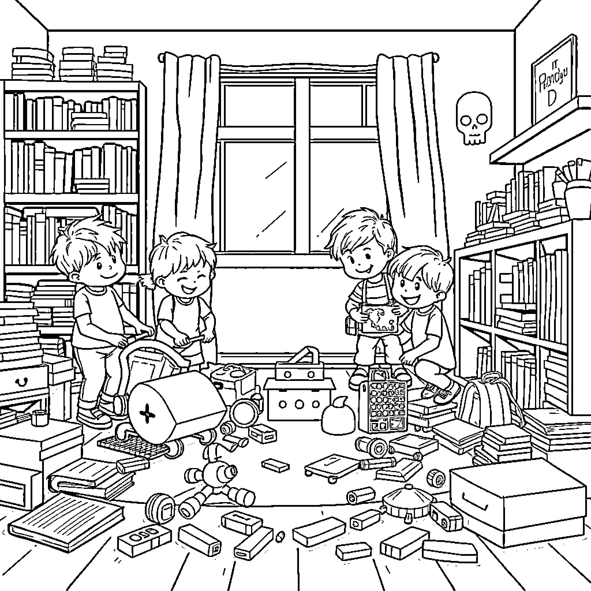 Kid Playing with Toys in Messy Room Coloring Page (free black-and-white line drawing printable PDF for all, from beginners to advanced learners, including children, teens, adults, and seniors)