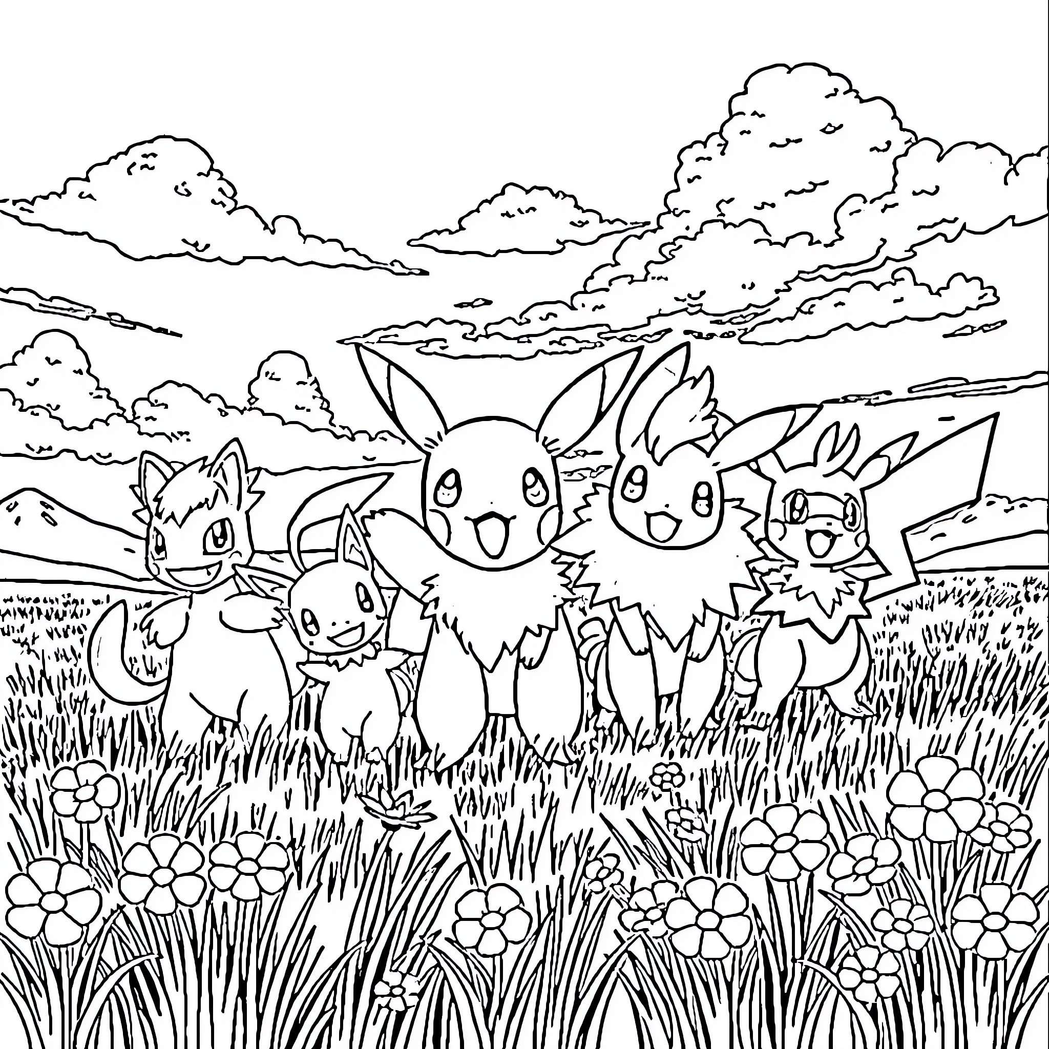 Pokémon group exploring the grassy meadow Coloring Page (free black-and-white line drawing printable PDF for all, from beginners to advanced learners, including children, teens, adults, and seniors)