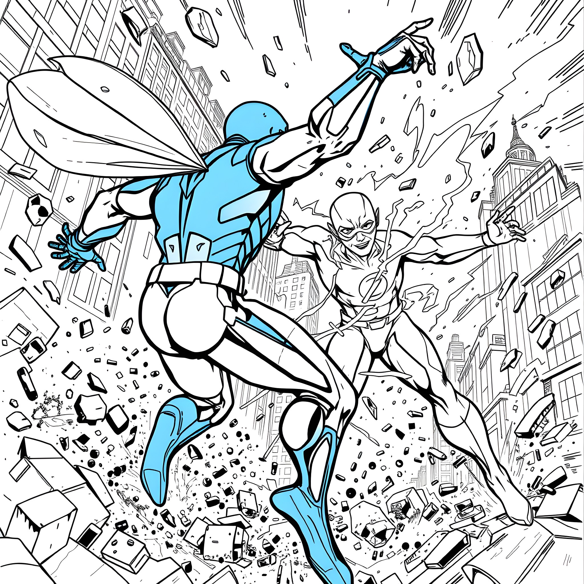 Blue Beetle in an intense battle with a powerful foe Coloring Page (free black-and-white line drawing printable PDF for all, from beginners to advanced learners, including children, teens, adults, and seniors)