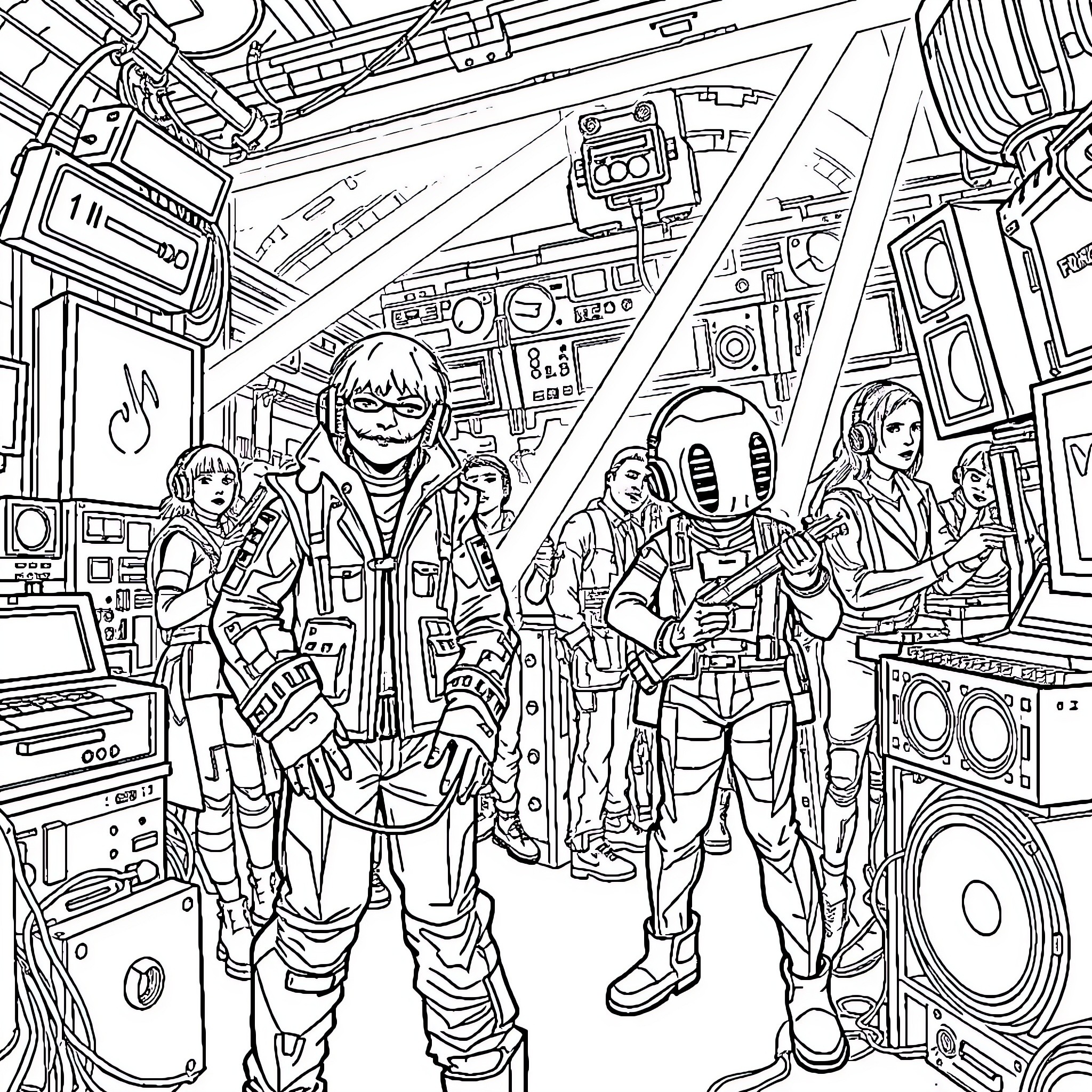 Electropunk: Characters in Futuristic Sci-Fi Setting Coloring Page (free black-and-white line drawing printable PDF for all, from beginners to advanced learners, including children, teens, adults, and seniors)