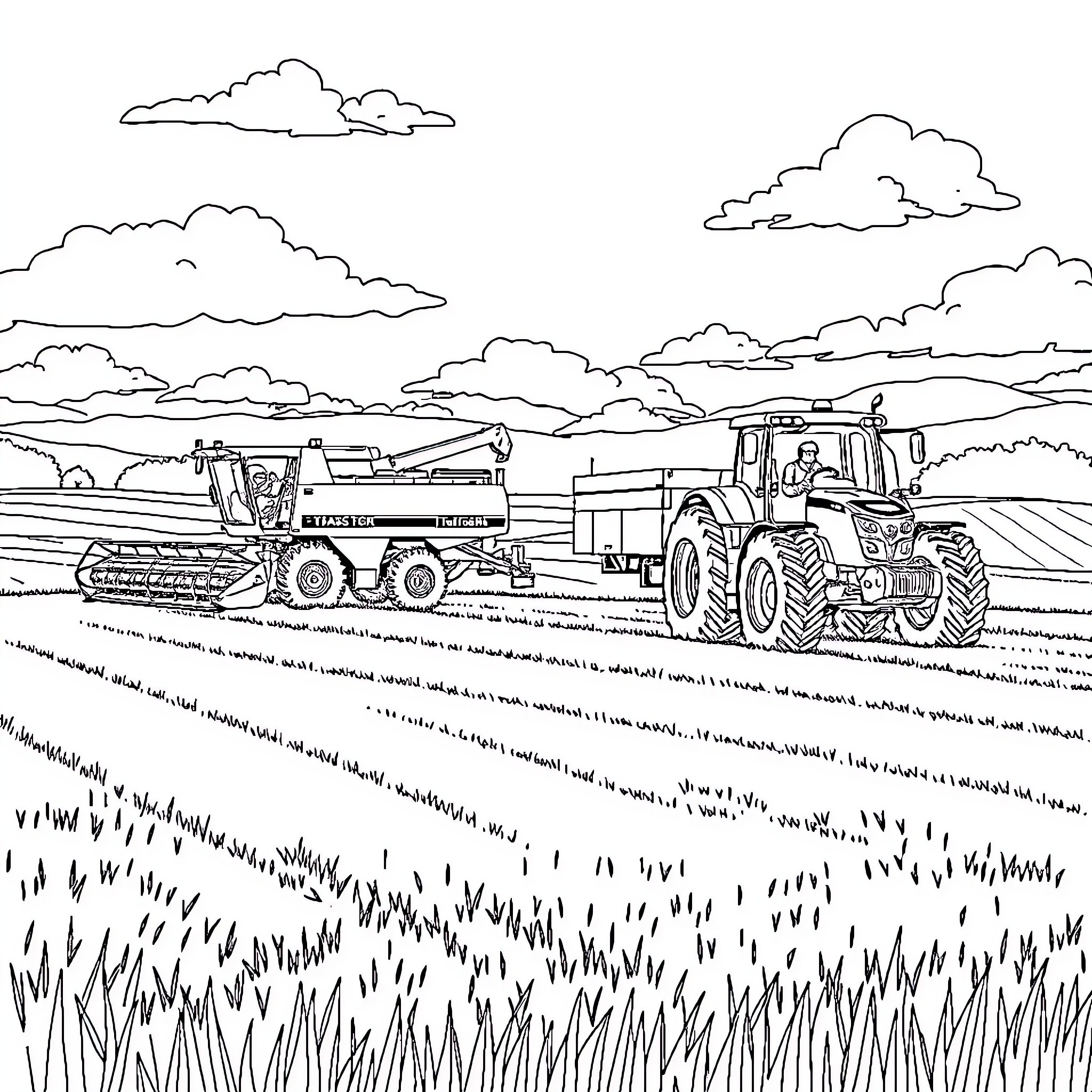 Chopper tractors working in the countryside Coloring Page (free black-and-white line drawing printable PDF for all, from beginners to advanced learners, including children, teens, adults, and seniors)