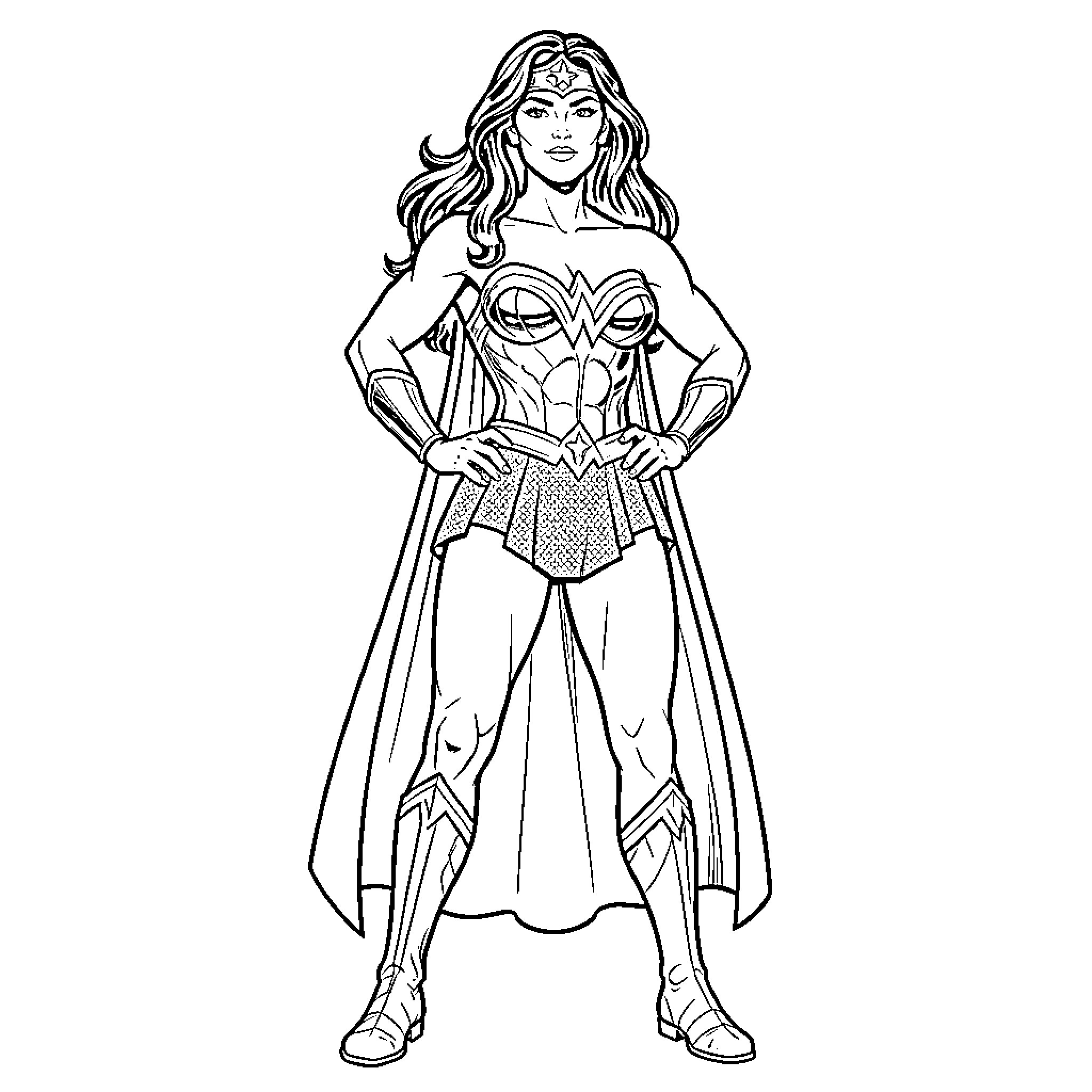 Wonder Woman standing heroically in her iconic costume Coloring Page (free black-and-white line drawing printable PDF for all, from beginners to advanced learners, including children, teens, adults, and seniors)