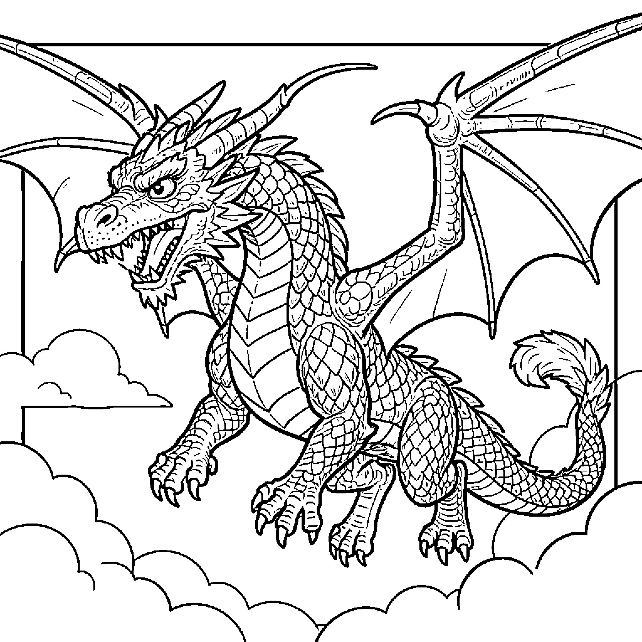 Dragon soaring through the cloudy sky Coloring Page (free black-and-white line drawing printable PDF for all, from beginners to advanced learners, including children, teens, adults, and seniors)