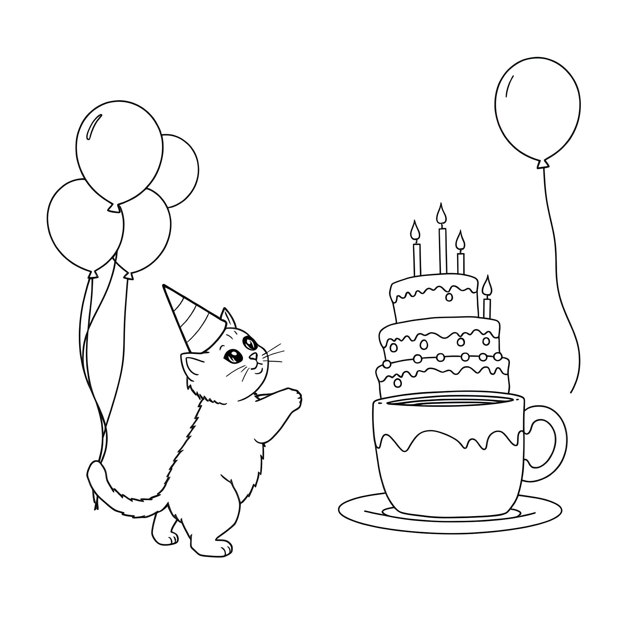 Cat enjoying a birthday celebration with balloons and cake Coloring Page (free black-and-white line drawing printable PDF for all, from beginners to advanced learners, including children, teens, adults, and seniors)