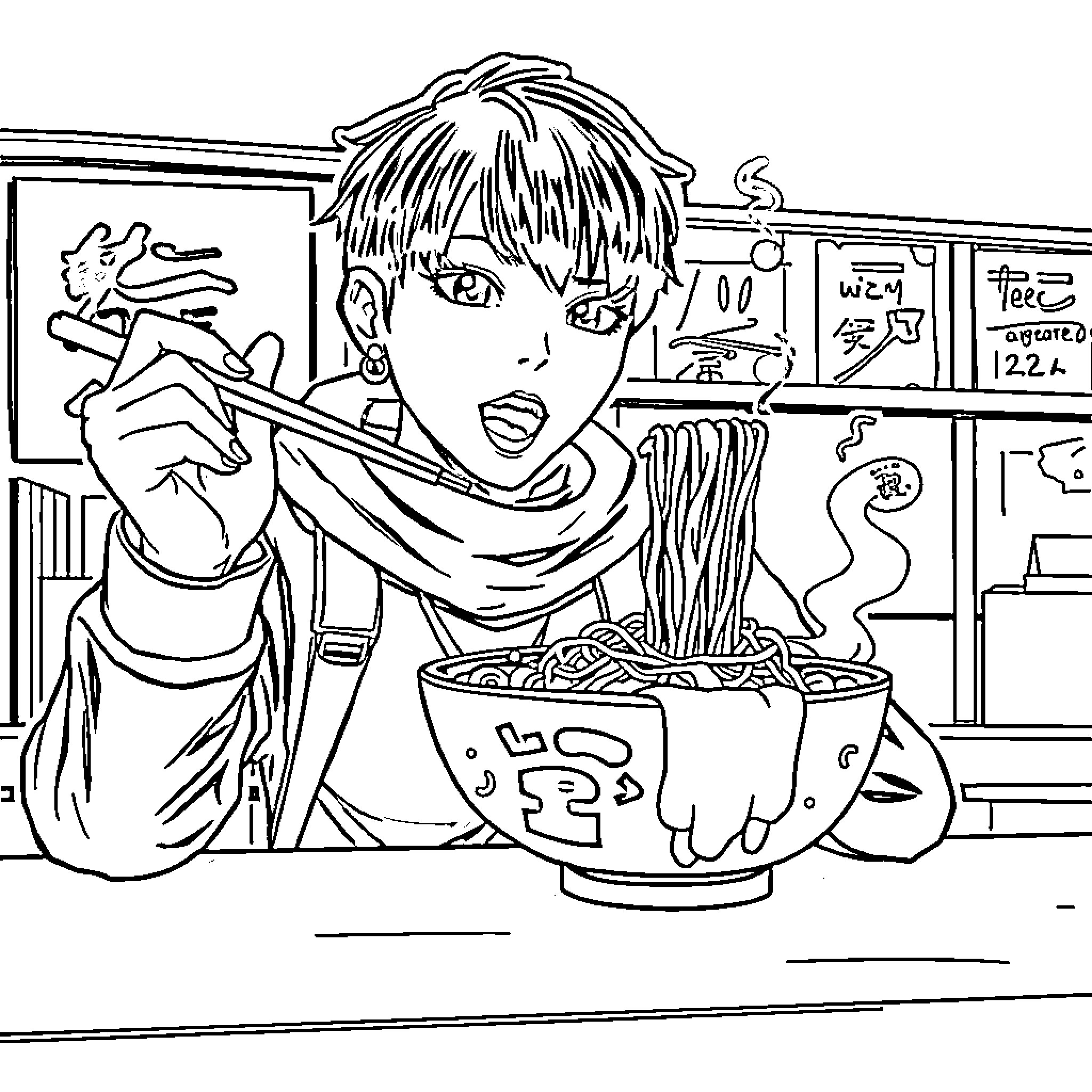 Guerrera in the Ramen Shop: A Defiant Dine Coloring Page (free black-and-white line drawing printable PDF for all, from beginners to advanced learners, including children, teens, adults, and seniors)