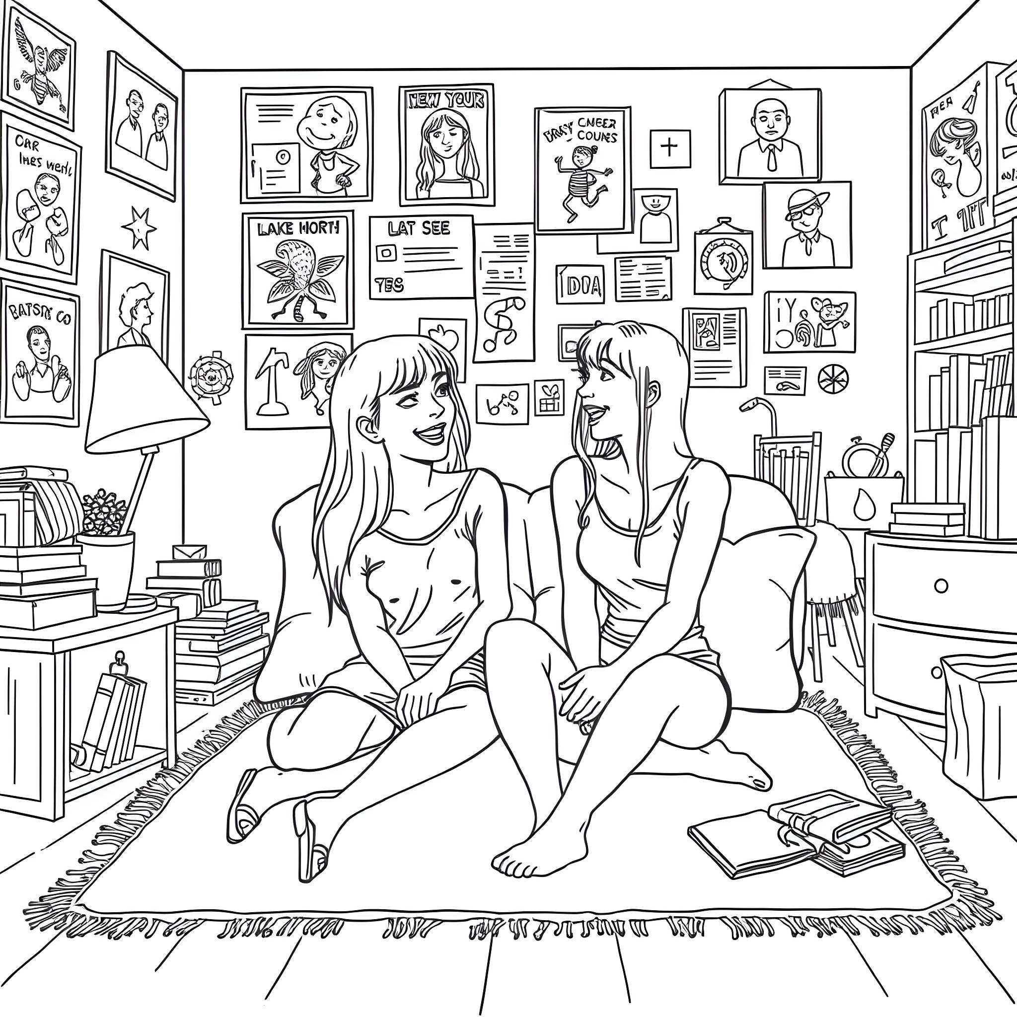 Daria: Two friends conversing in a cozy room Coloring Page (free black-and-white line drawing printable PDF for all, from beginners to advanced learners, including children, teens, adults, and seniors)