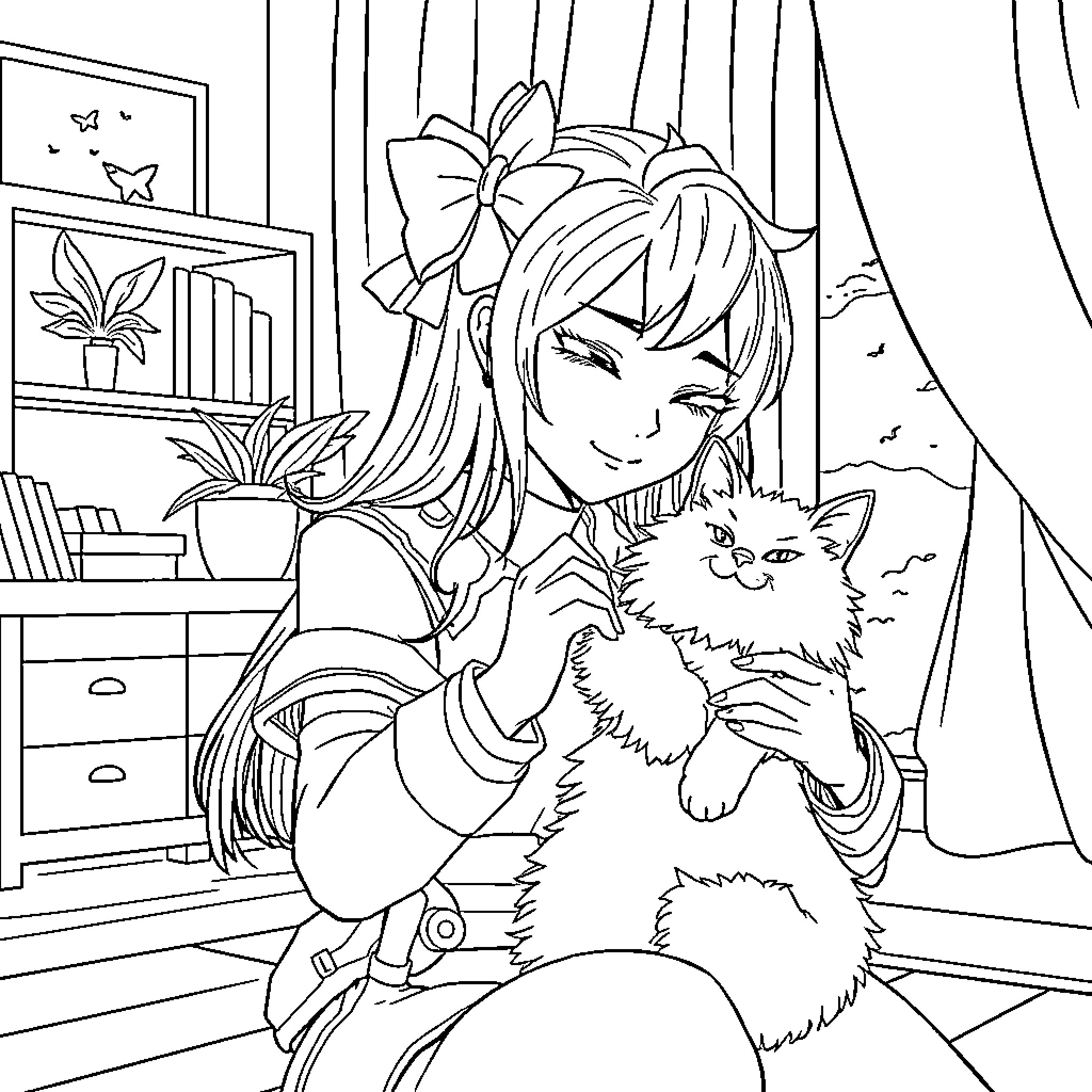 Kiriko's Cozy Companionship with Feline Friend Coloring Page (free black-and-white line drawing printable PDF for all, from beginners to advanced learners, including children, teens, adults, and seniors)