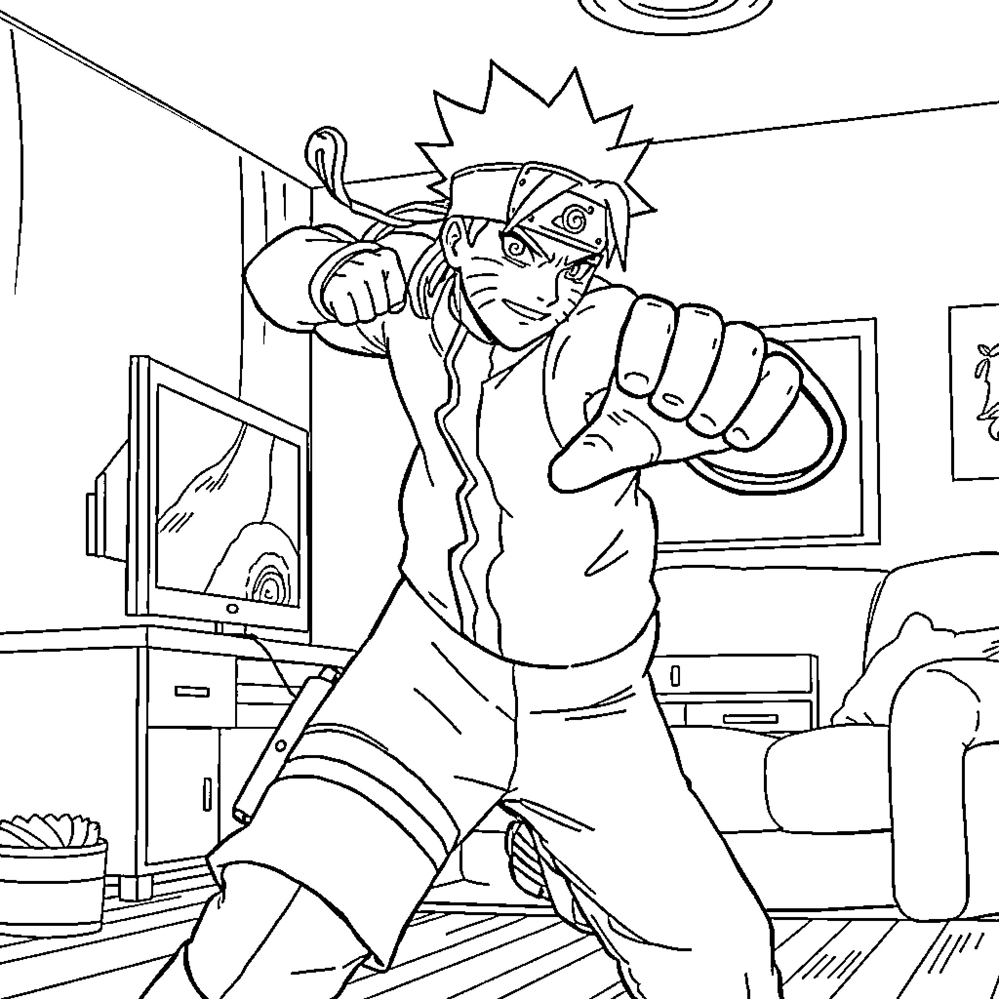 Naruto celebrating victory in the living room Coloring Page (free black-and-white line drawing printable PDF for all, from beginners to advanced learners, including children, teens, adults, and seniors)