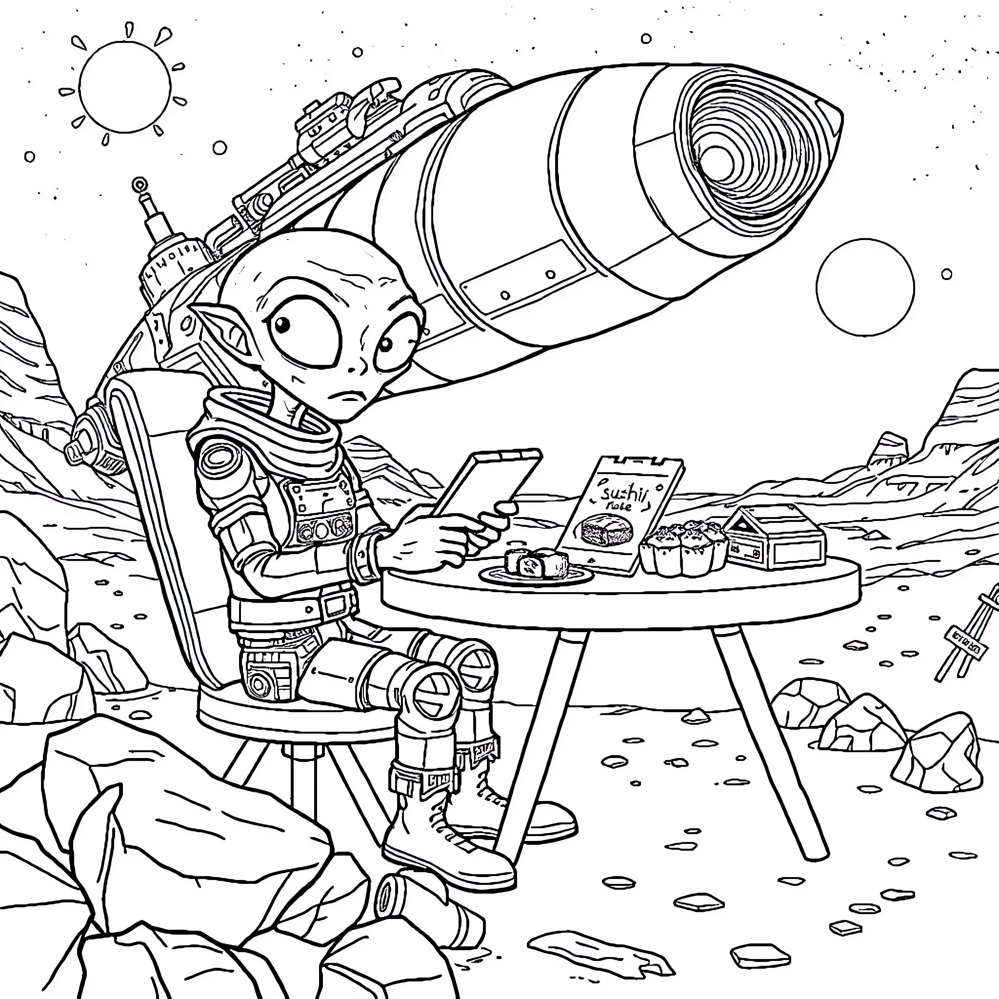 Alien explorer examining artifacts on an alien world Coloring Page (free black-and-white line drawing printable PDF for all, from beginners to advanced learners, including children, teens, adults, and seniors)