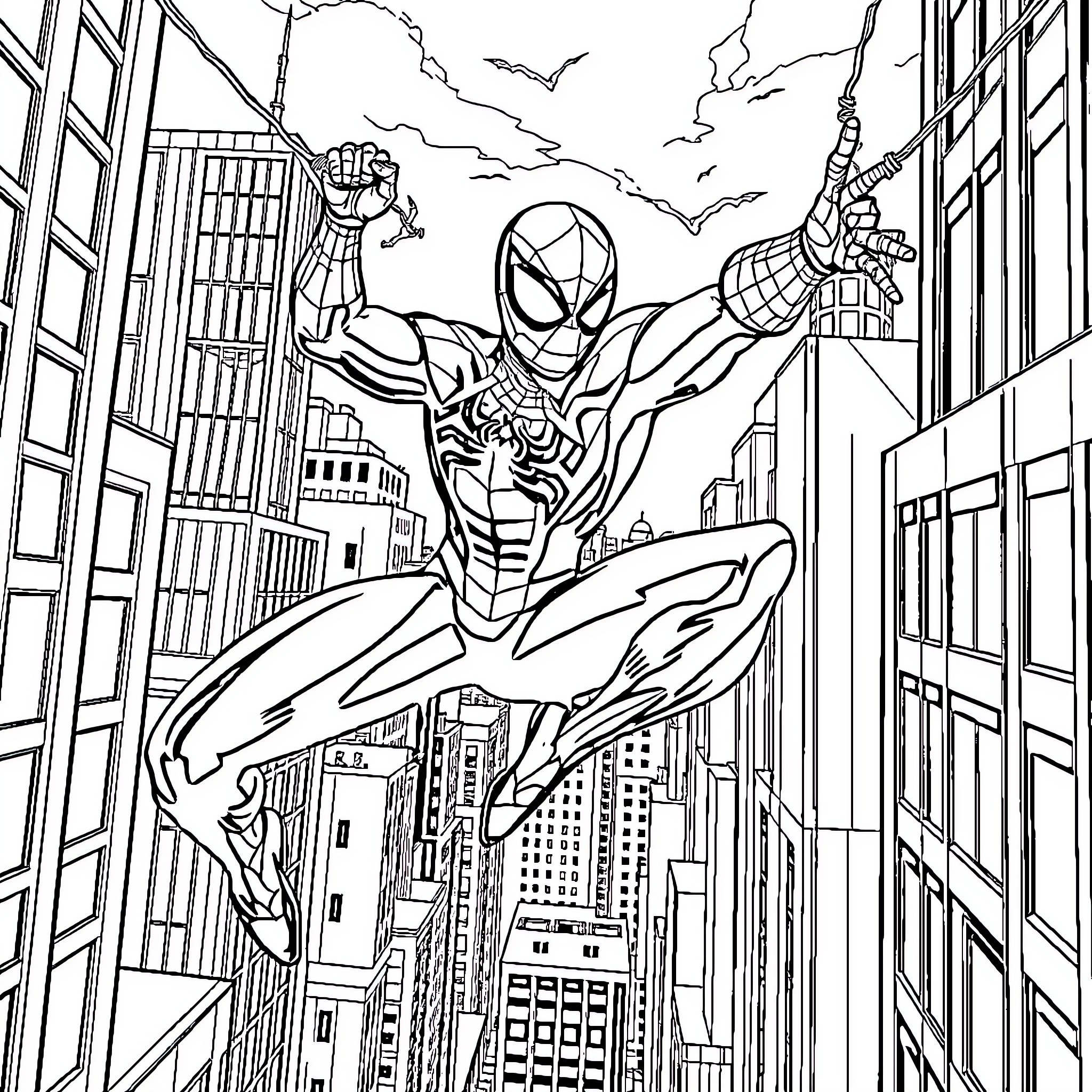 Spiderman swinging through the city skyline Coloring Page (free black-and-white line drawing printable PDF for all, from beginners to advanced learners, including children, teens, adults, and seniors)
