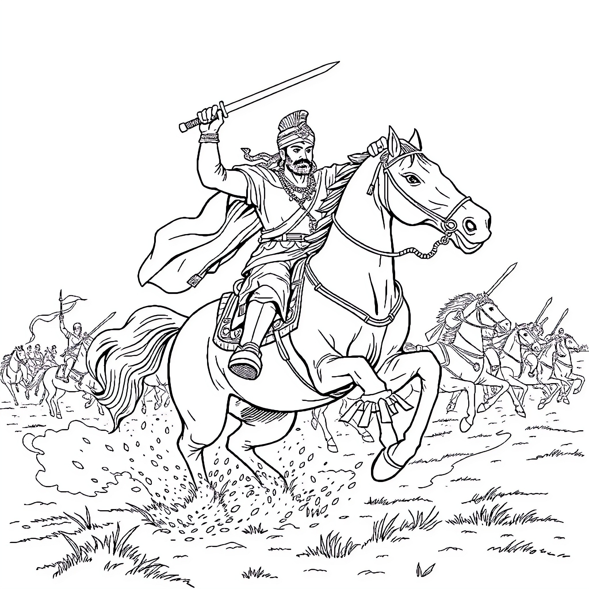 Hari Singh Leading a Cavalry Charge Coloring Page (free black-and-white line drawing printable PDF for all, from beginners to advanced learners, including children, teens, adults, and seniors)