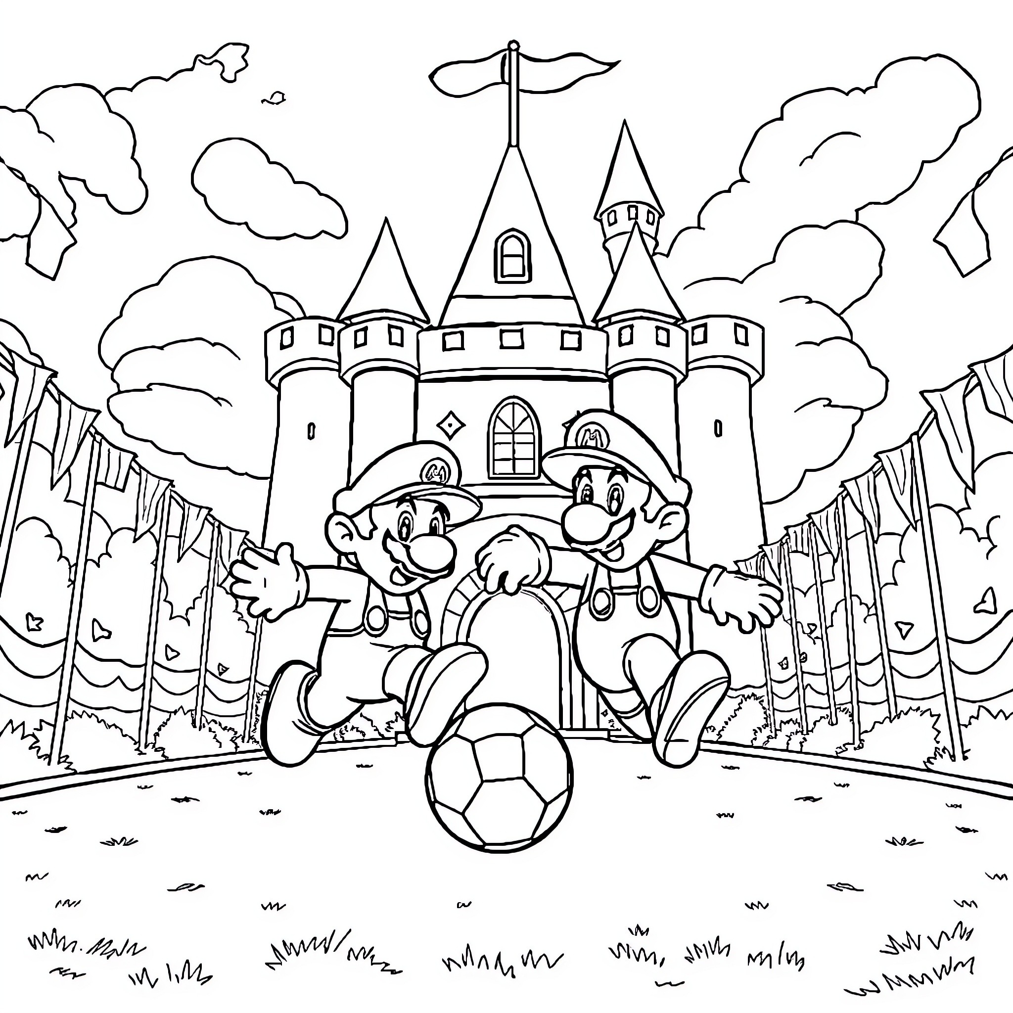 Mario and Luigi playing soccer in front of a castle Coloring Page (free black-and-white line drawing printable PDF for all, from beginners to advanced learners, including children, teens, adults, and seniors)