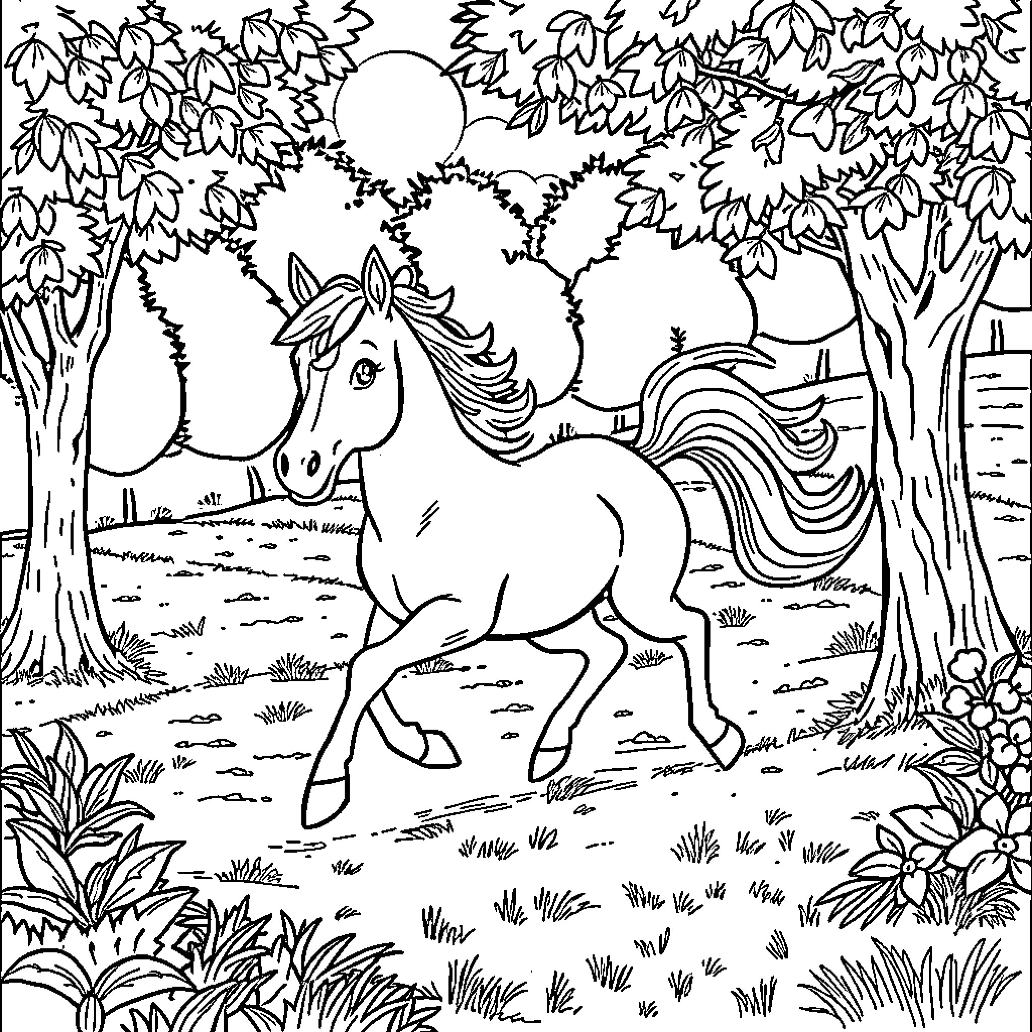 Caballito prancing through the enchanted forest Coloring Page (free black-and-white line drawing printable PDF for all, from beginners to advanced learners, including children, teens, adults, and seniors)