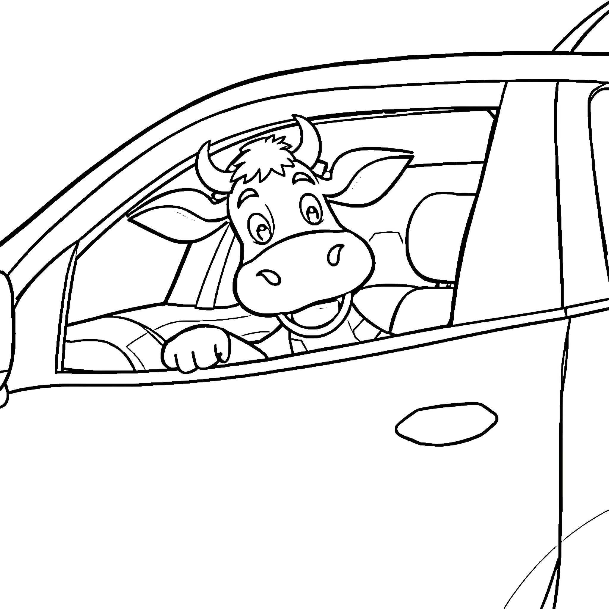 Cow peeking out from car window Coloring Page (free black-and-white line drawing printable PDF for all, from beginners to advanced learners, including children, teens, adults, and seniors)