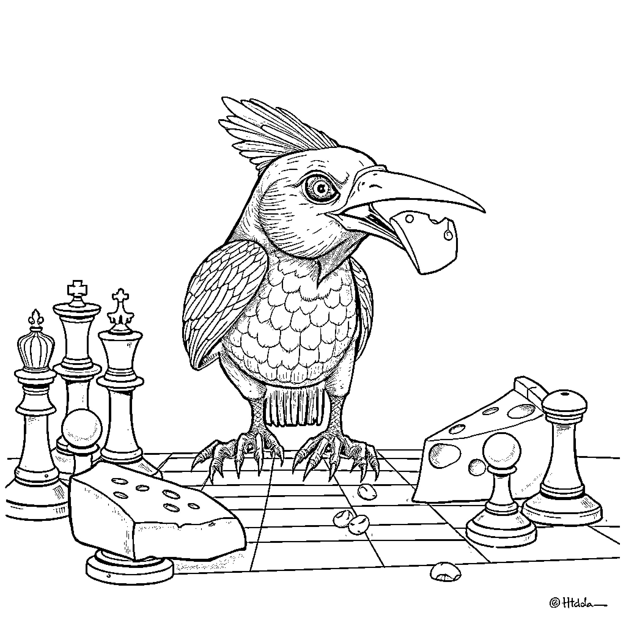 Bird playing chess on a chessboard Coloring Page (free black-and-white line drawing printable PDF for all, from beginners to advanced learners, including children, teens, adults, and seniors)