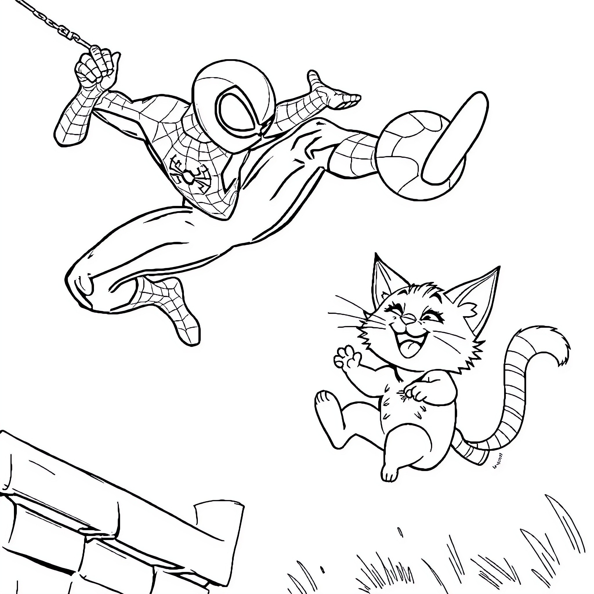 Spider-Man leaping into action against a playful kitten Coloring Page (free black-and-white line drawing printable PDF for all, from beginners to advanced learners, including children, teens, adults, and seniors)