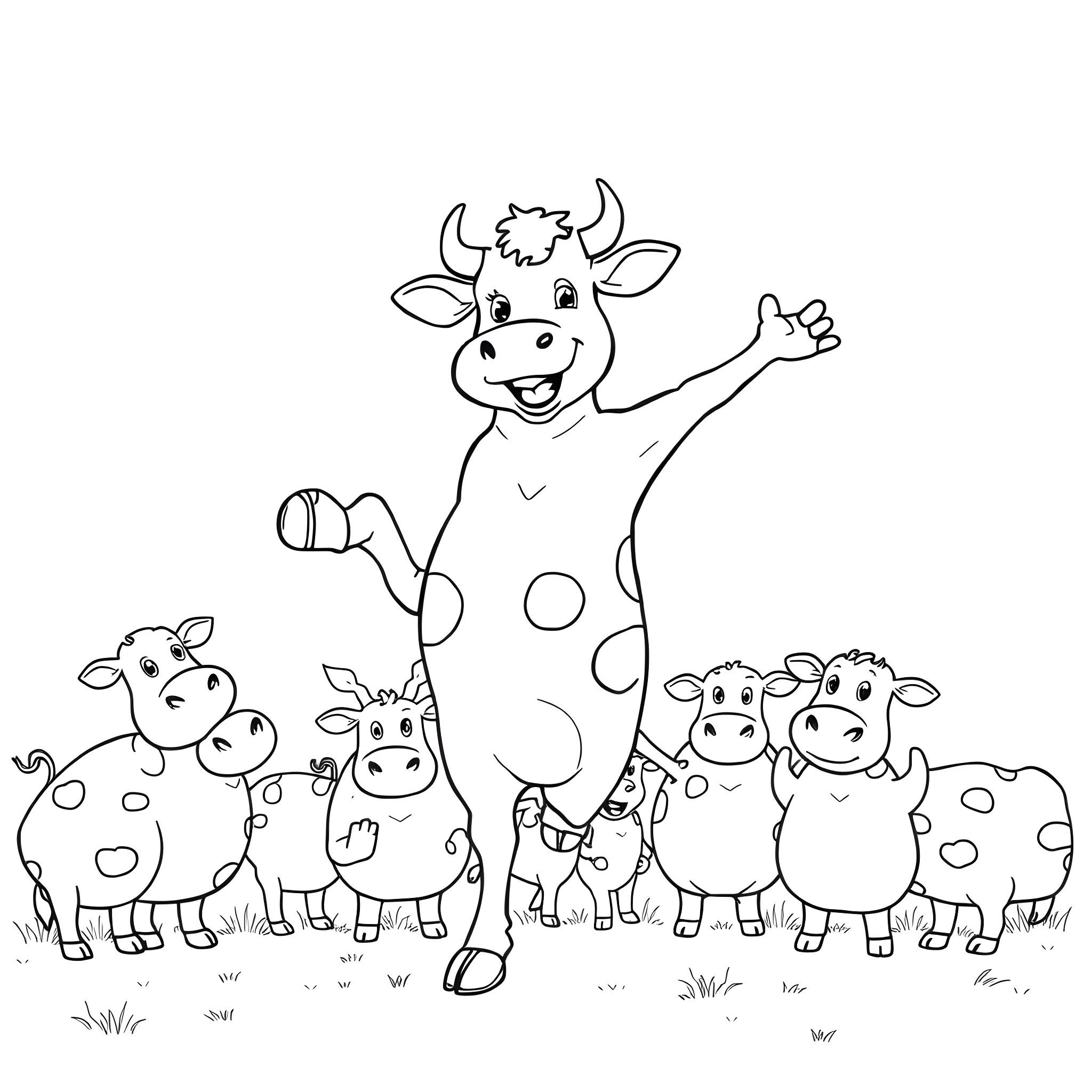 Cow and her calf friends playing together Coloring Page (free black-and-white line drawing printable PDF for all, from beginners to advanced learners, including children, teens, adults, and seniors)