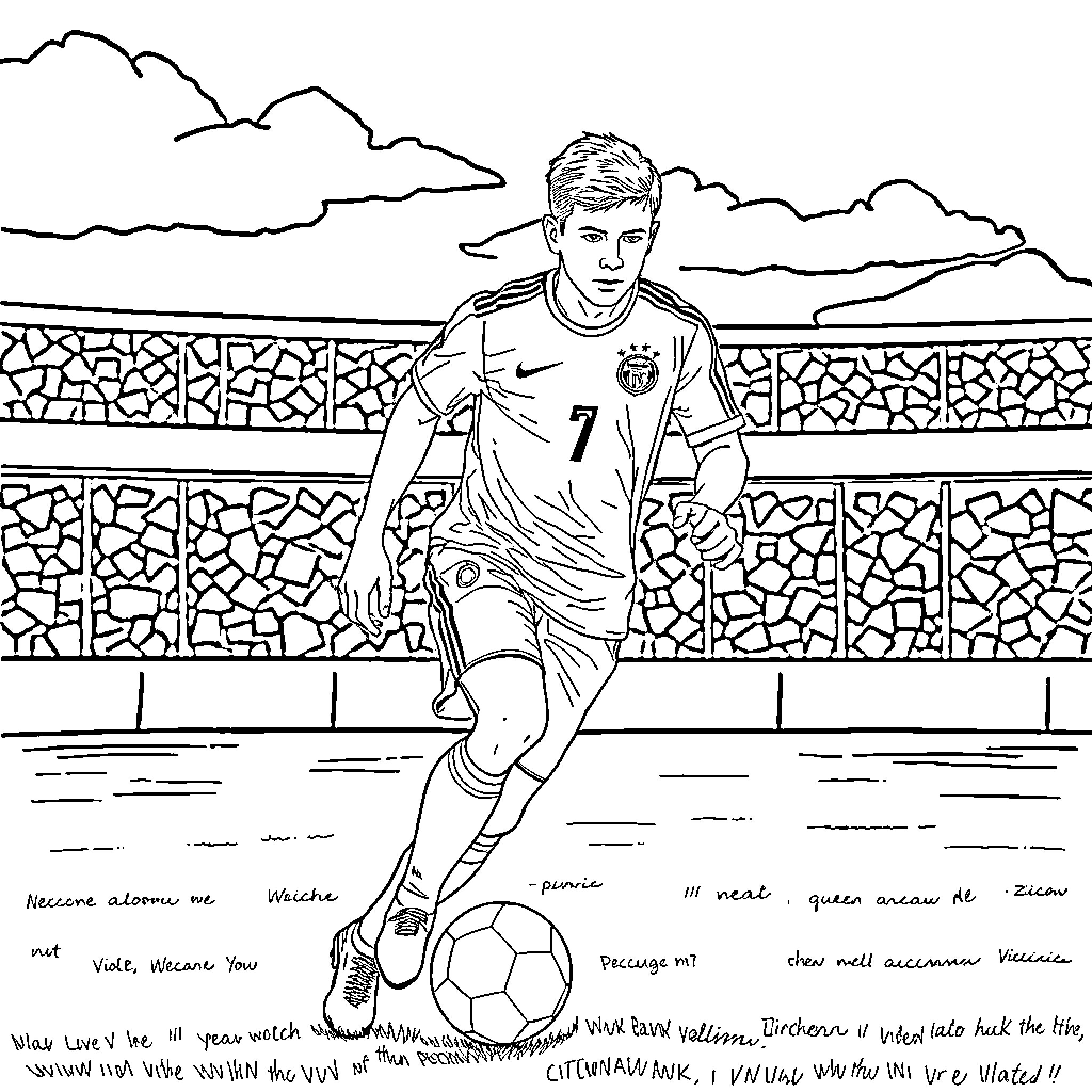 Zinchenko playing football in a stadium Coloring Page (free black-and-white line drawing printable PDF for all, from beginners to advanced learners, including children, teens, adults, and seniors)