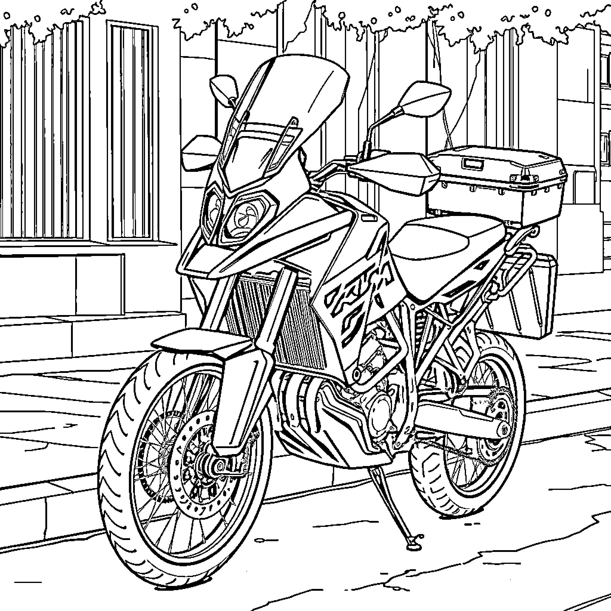 KTM Adventure Motorcycle on Urban Street Coloring Page (free black-and-white line drawing printable PDF for all, from beginners to advanced learners, including children, teens, adults, and seniors)