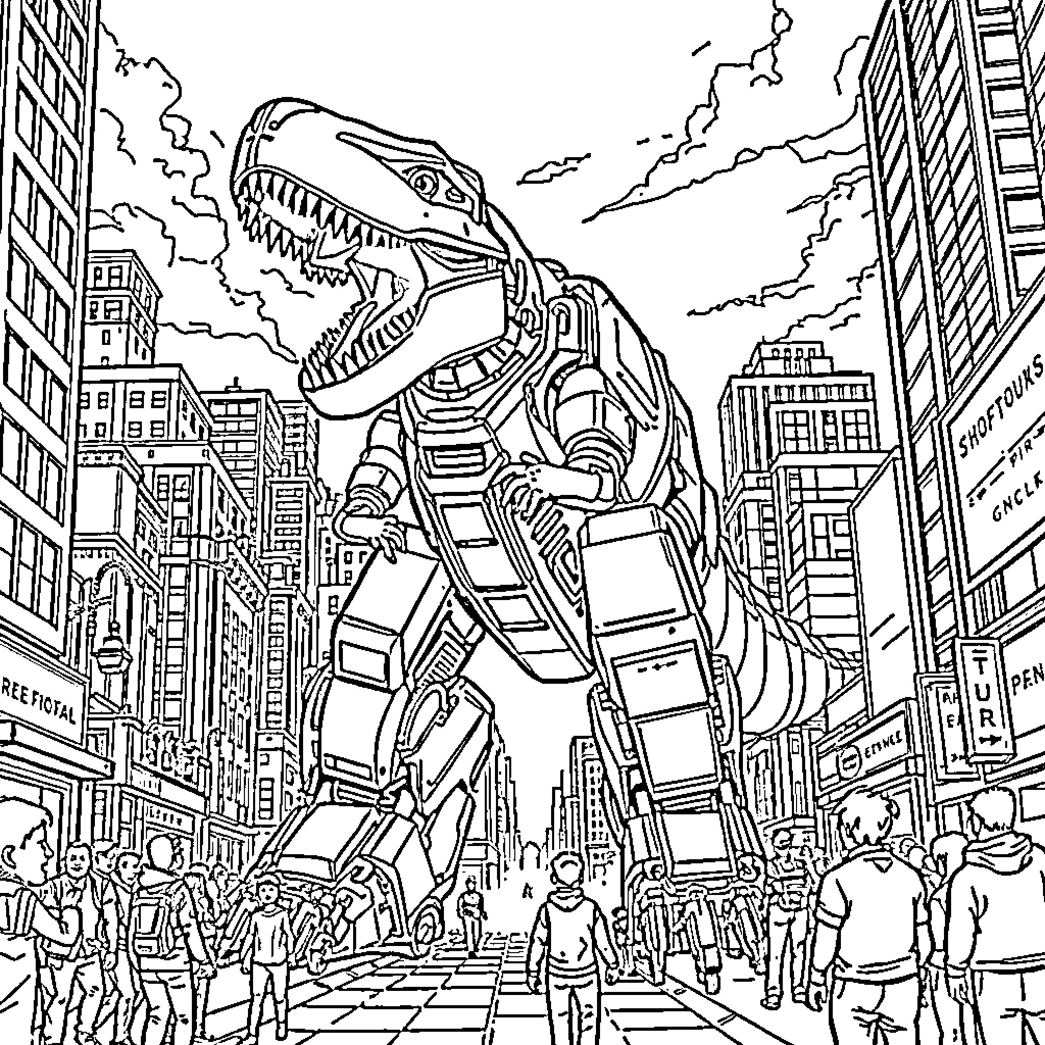 Robot T-Rex Stomping Through Futuristic City Coloring Page (free black-and-white line drawing printable PDF for all, from beginners to advanced learners, including children, teens, adults, and seniors)