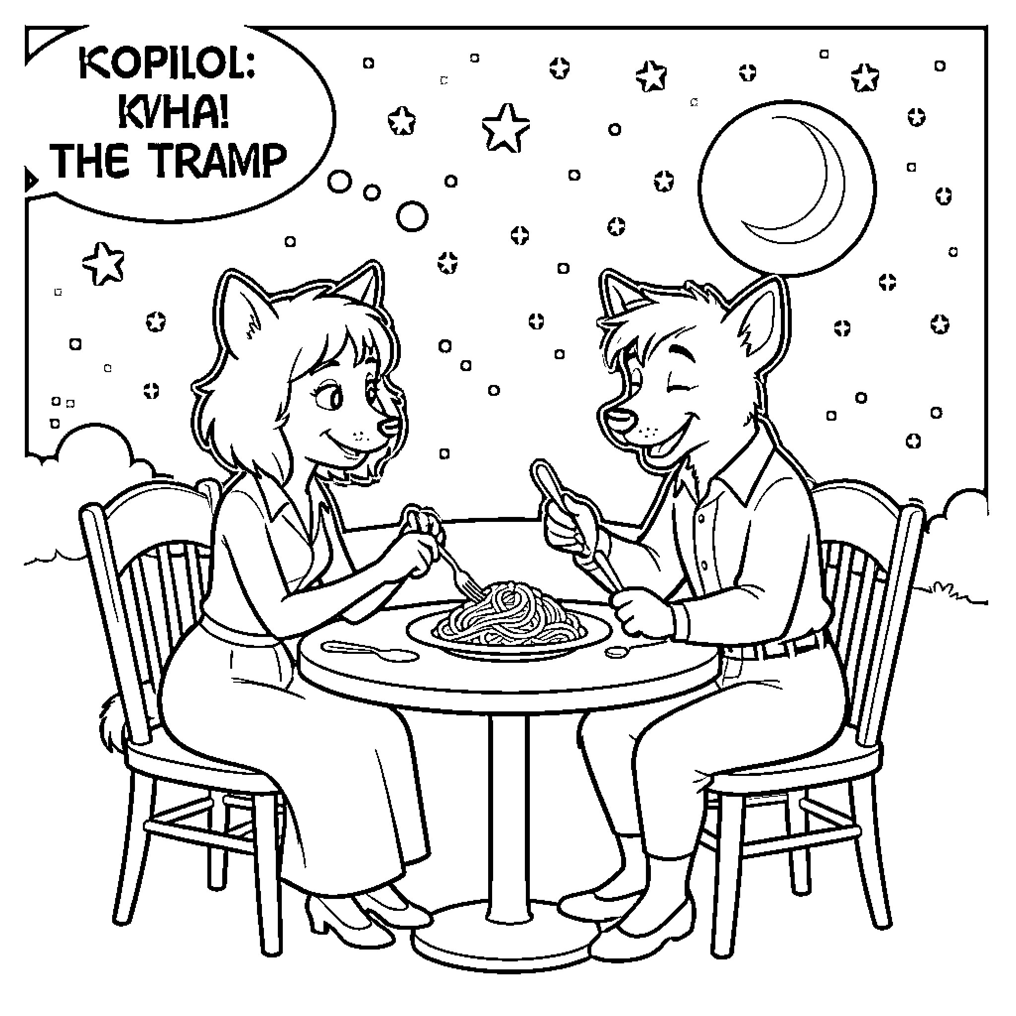 Lady And The Tramp sharing a spaghetti meal Coloring Page (free black-and-white line drawing printable PDF for all, from beginners to advanced learners, including children, teens, adults, and seniors)