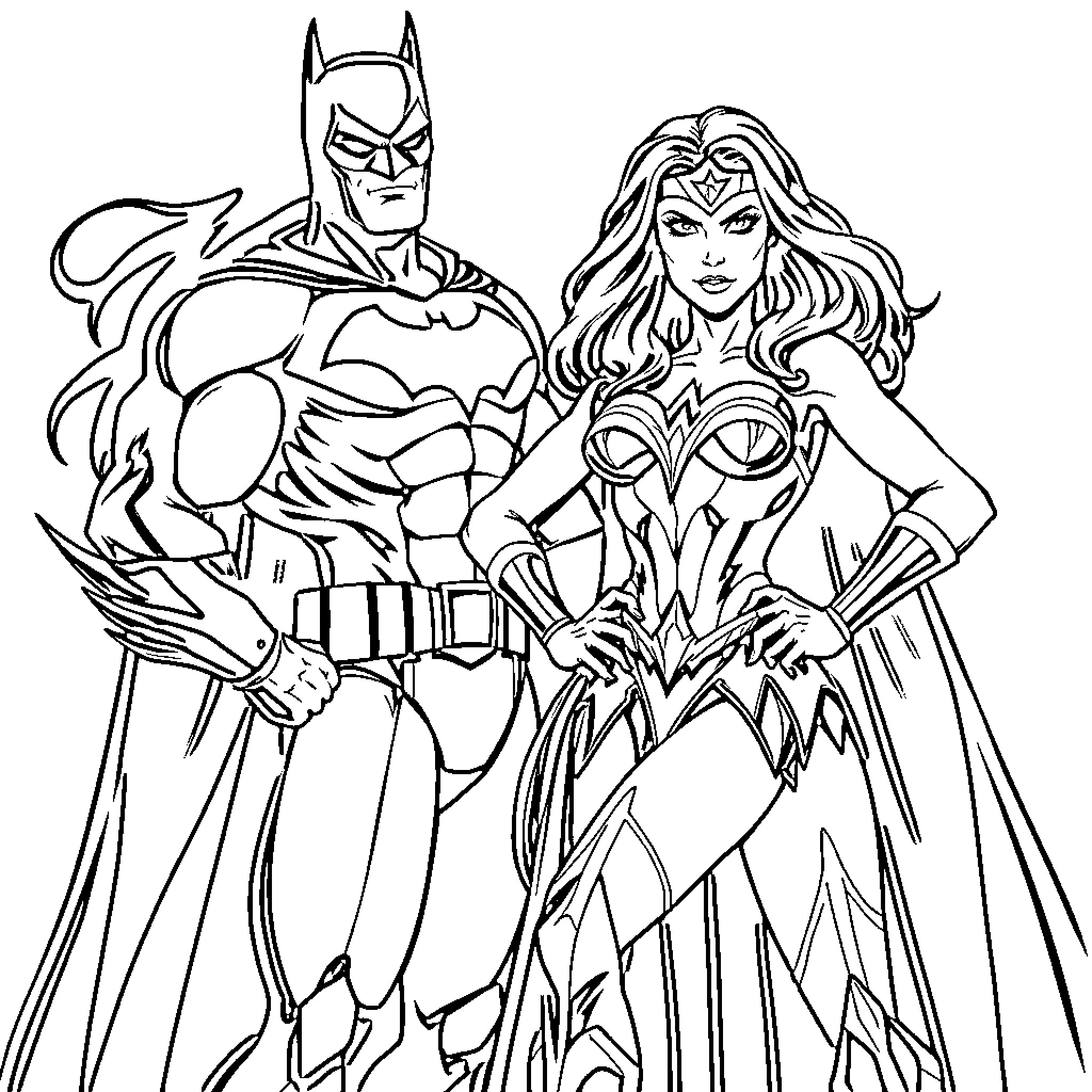Batman and Wonder Woman in heroic poses Coloring Page (free black-and-white line drawing printable PDF for all, from beginners to advanced learners, including children, teens, adults, and seniors)