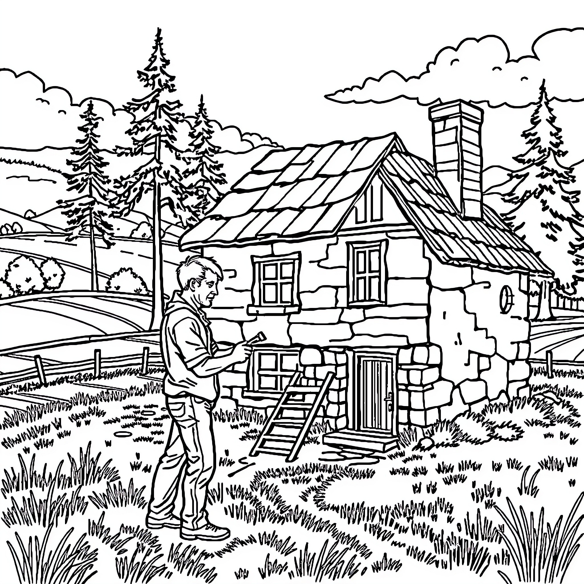 Man standing outside rustic cottage in the countryside Coloring Page (free black-and-white line drawing printable PDF for all, from beginners to advanced learners, including children, teens, adults, and seniors)