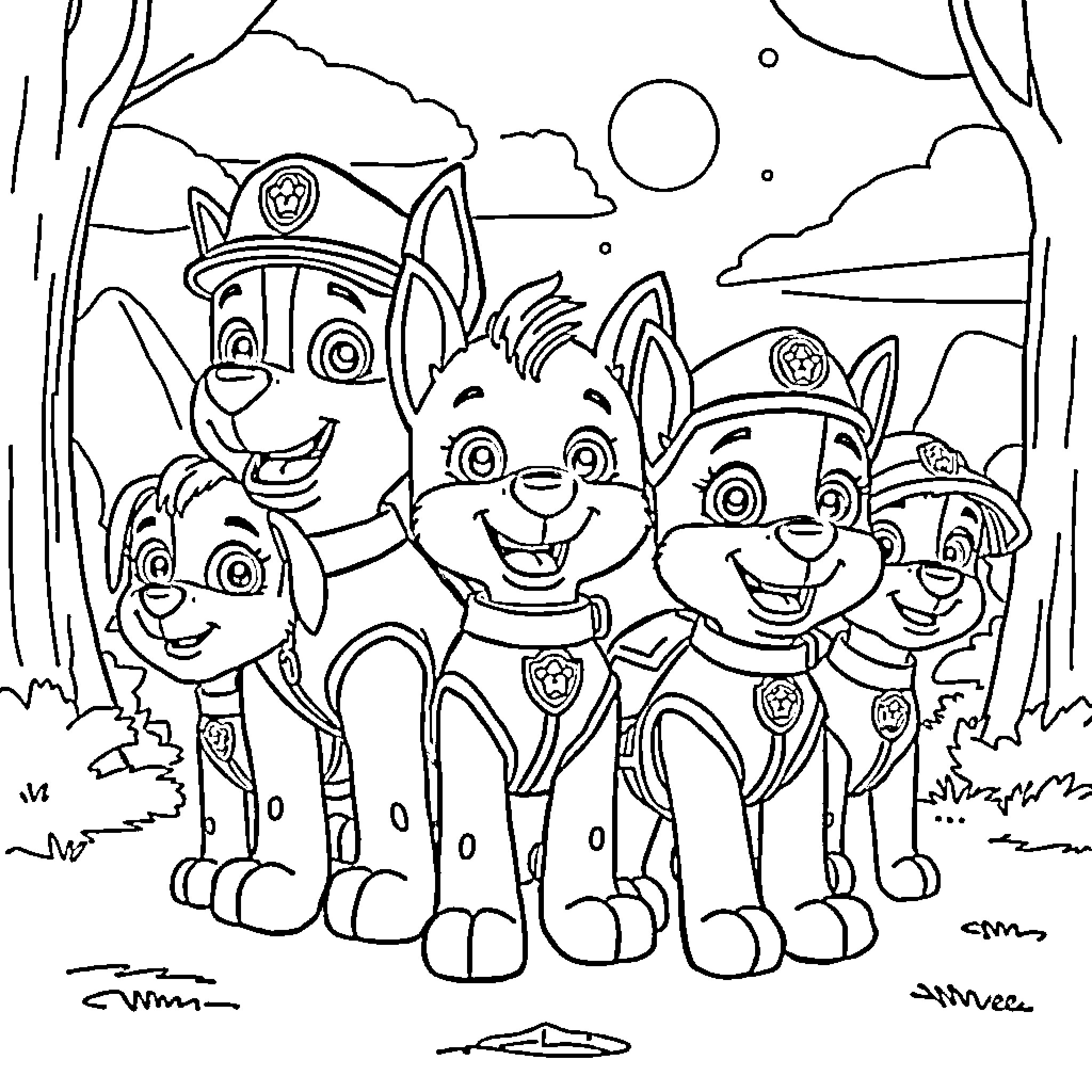Paw Patrol Rescuing Pups in Uniform Coloring Page (free black-and-white line drawing printable PDF for all, from beginners to advanced learners, including children, teens, adults, and seniors)
