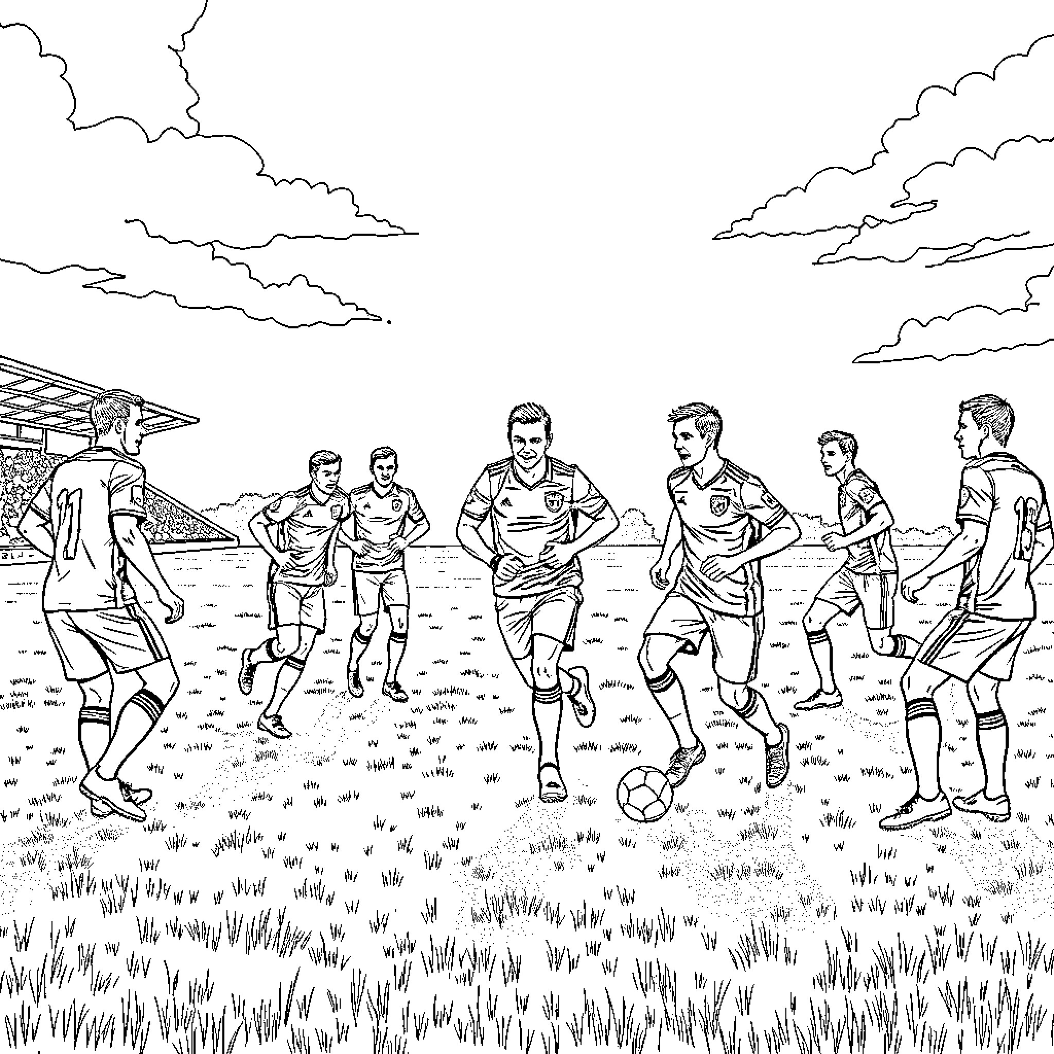 Scotland Football Team on the Field Coloring Page (free black-and-white line drawing printable PDF for all, from beginners to advanced learners, including children, teens, adults, and seniors)