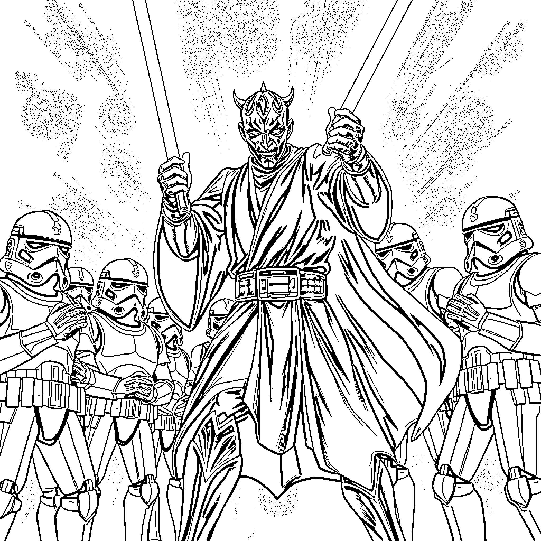Darth Maul's Menacing Presence Amidst Stormtroopers Coloring Page (free black-and-white line drawing printable PDF for all, from beginners to advanced learners, including children, teens, adults, and seniors)