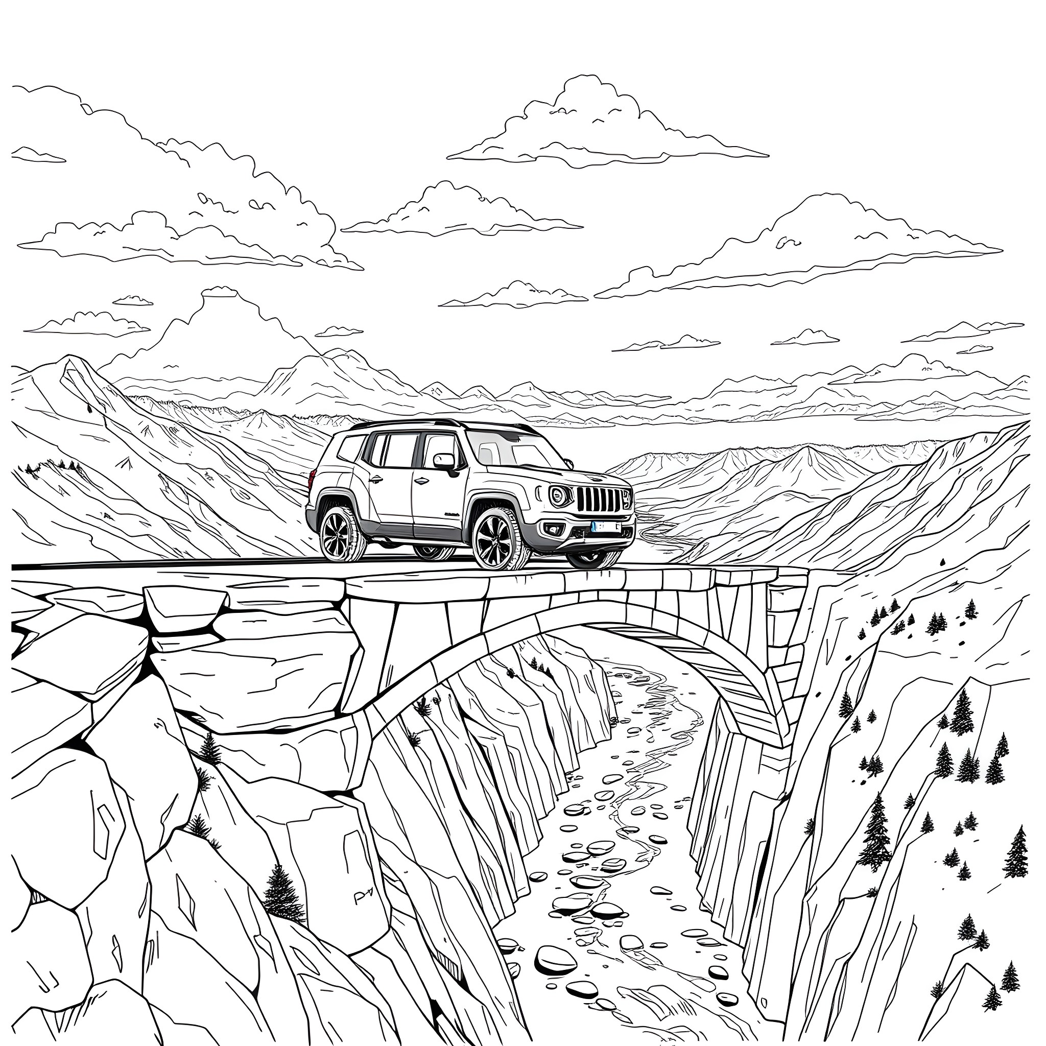 Cateye Duramax drives across a majestic mountain bridge Coloring Page (free black-and-white line drawing printable PDF for all, from beginners to advanced learners, including children, teens, adults, and seniors)